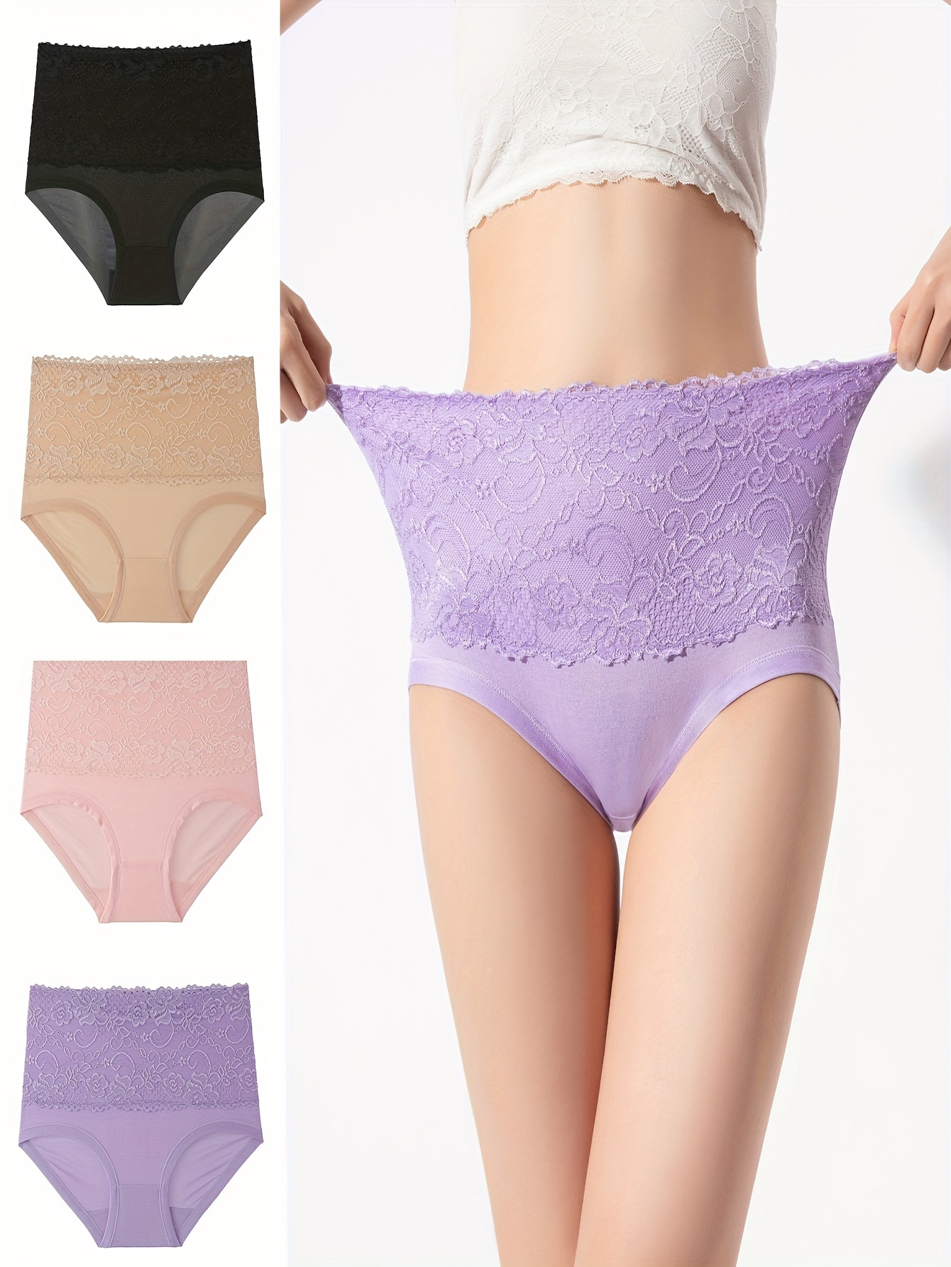 4pack Plus Size Solid Floral Lace Semi Sheer Pantis, Women's Plus Sexy  Medium Stretch Panties 4pcs