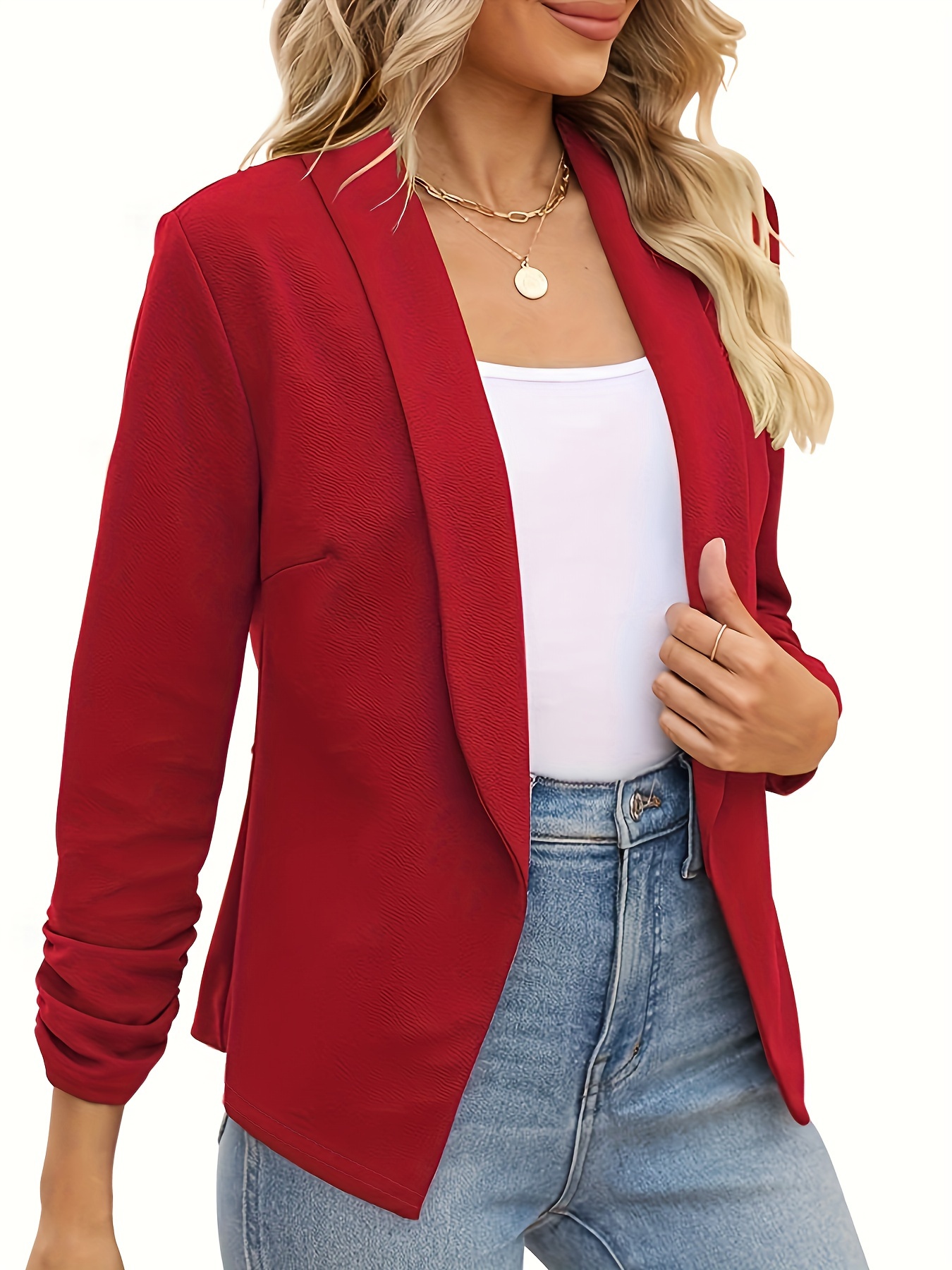 Women's 2 Piece Outfits 2024 Open Front Solid Ruched Sleeve Blazer