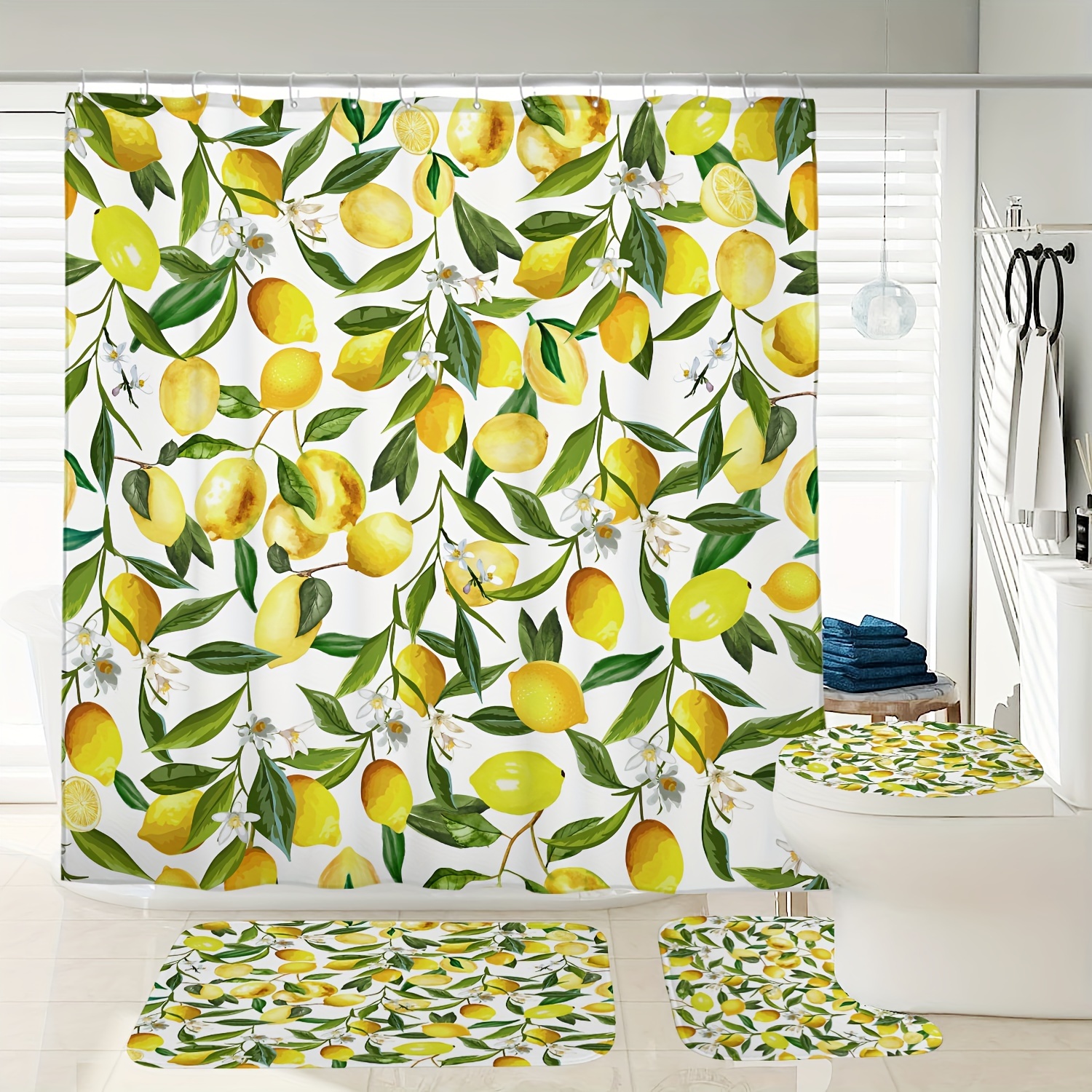 

1/3/4pcs Lemon Green Leaf Pattern Shower Curtain Set, Shower Curtain With 12 Hooks, Non-slip Bath Mat, U-shaped Toilet Mat, Toilet Mat, Bathroom Accessories, Home Decor