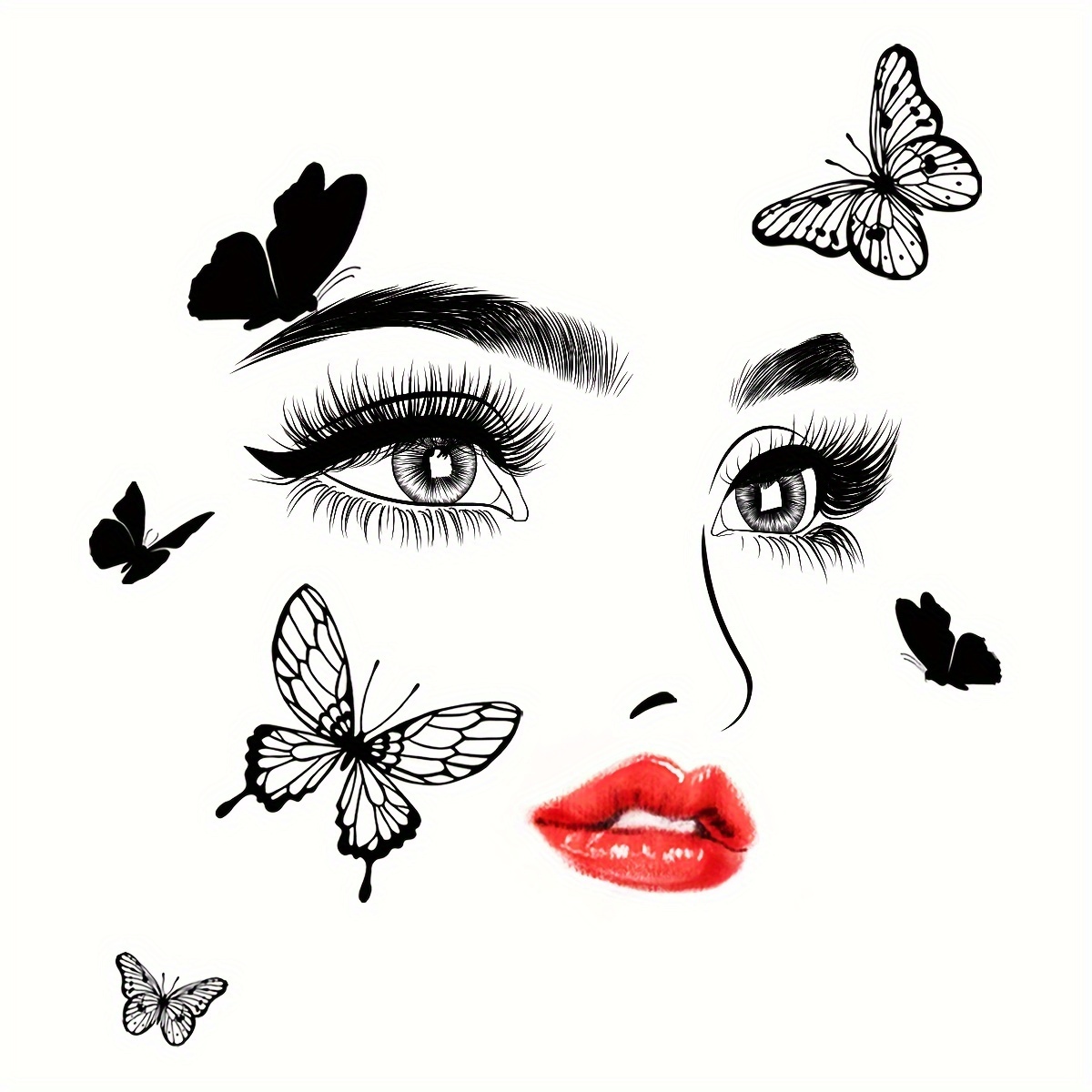 Image of 13pcs Contemporary Geometric Wall Decals, Pvc Self-adhesive Waterproof Stickers With Red Lips, Eyes & Butterflies For Decor, Cute Room Decor