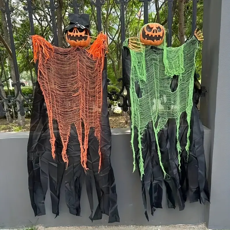 2pcs hanging ghost pumpkin with bendable arms halloween skeleton pumpkin decorations with color changing lighted eyes for halloween party lawn outdoor indoor decor details 1