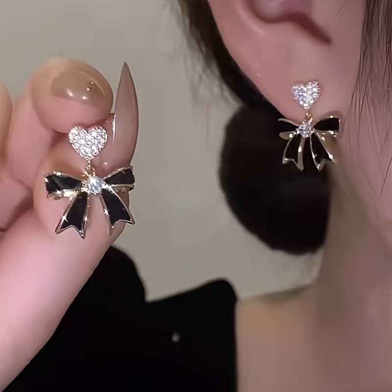 Heart & Bow Stud Earrings with Rhinestones Drop