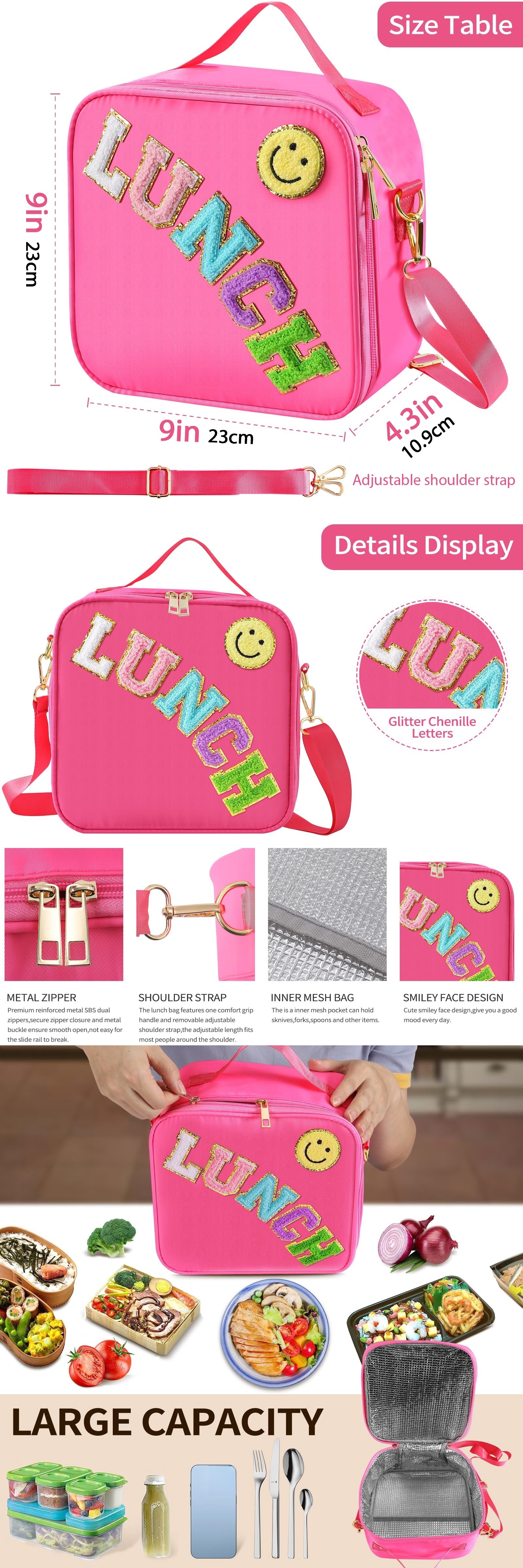 Insulated Lunch Bag With Adjustable Shoulder Strap, Nylon Preppy