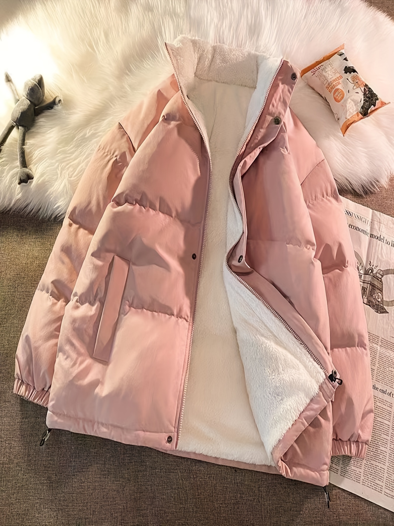 mens solid fleece puffer coat casual stand collar zip up thermal jacket for outdoor fall winter pink 0