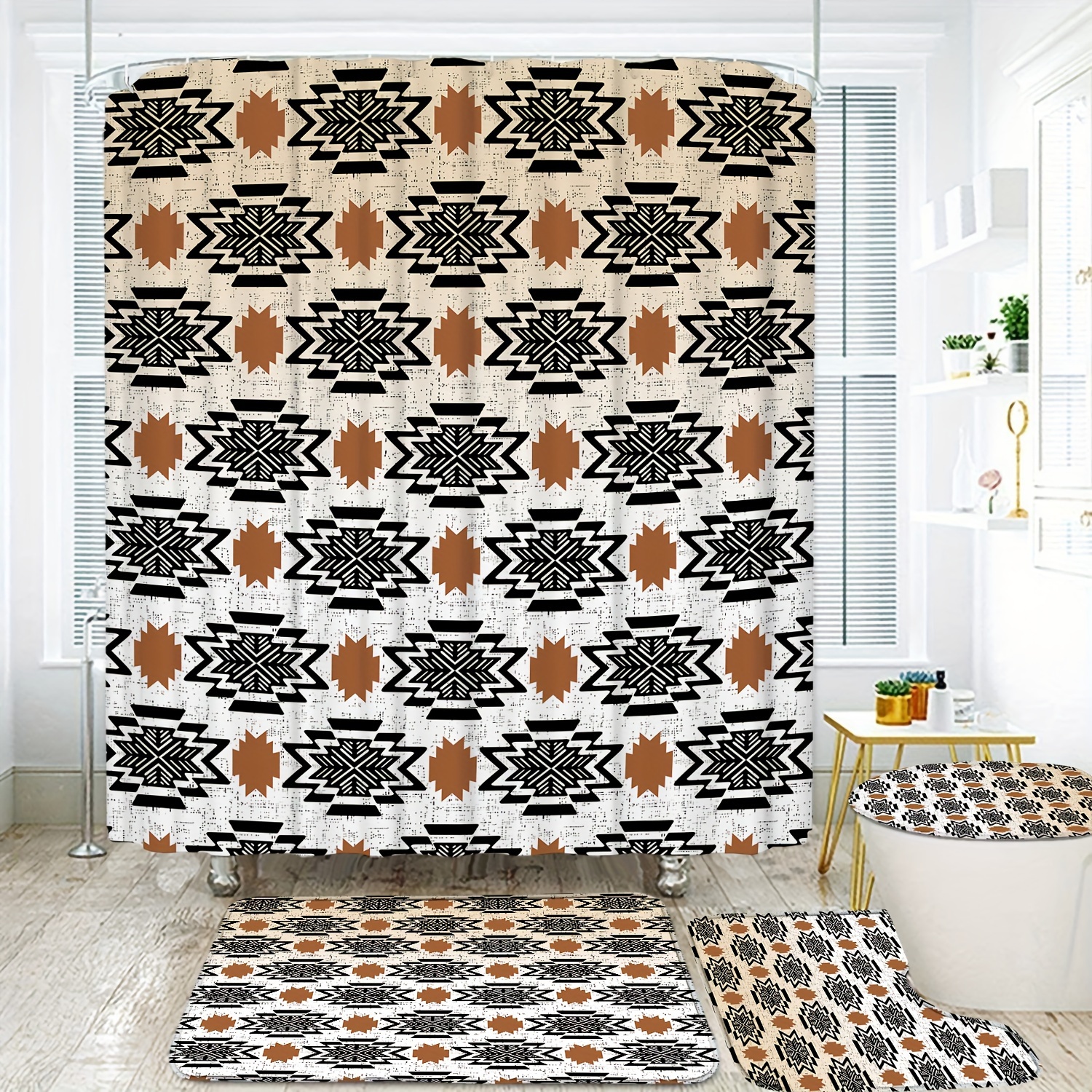 

4pcs Retro Sawtooth Totem Pattern Set, Waterproof Bath Curtain With 12 Hooks, U-shaped Mat, Toilet Cover Mat, L-shaped Mat, Bathroom Accessories, Bathroom Decor