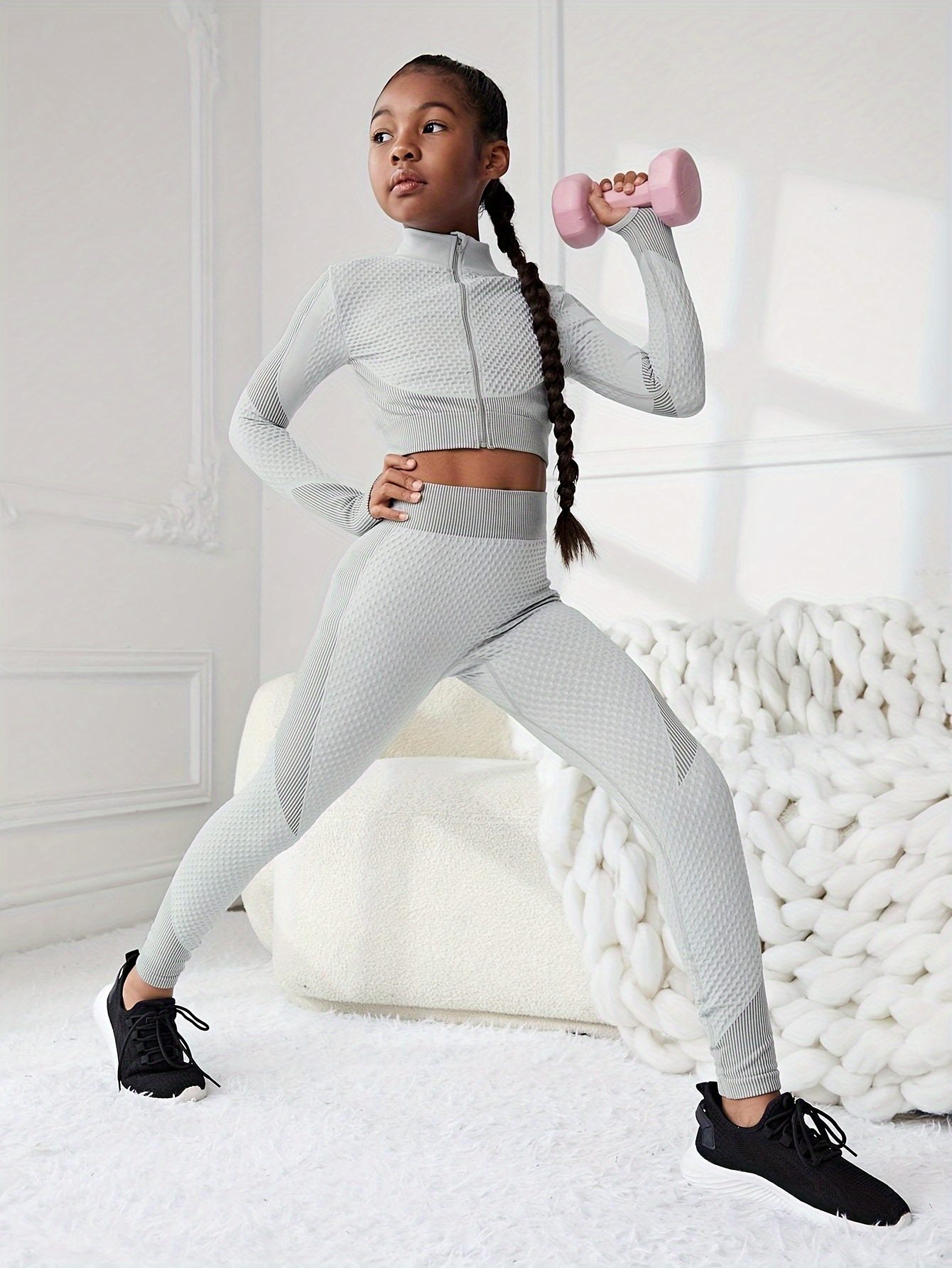 2 Pcs Solid Color Sports Set Tween Girl Long Sleeve Zip-up Crop Jacket &  Yoga Leggings
