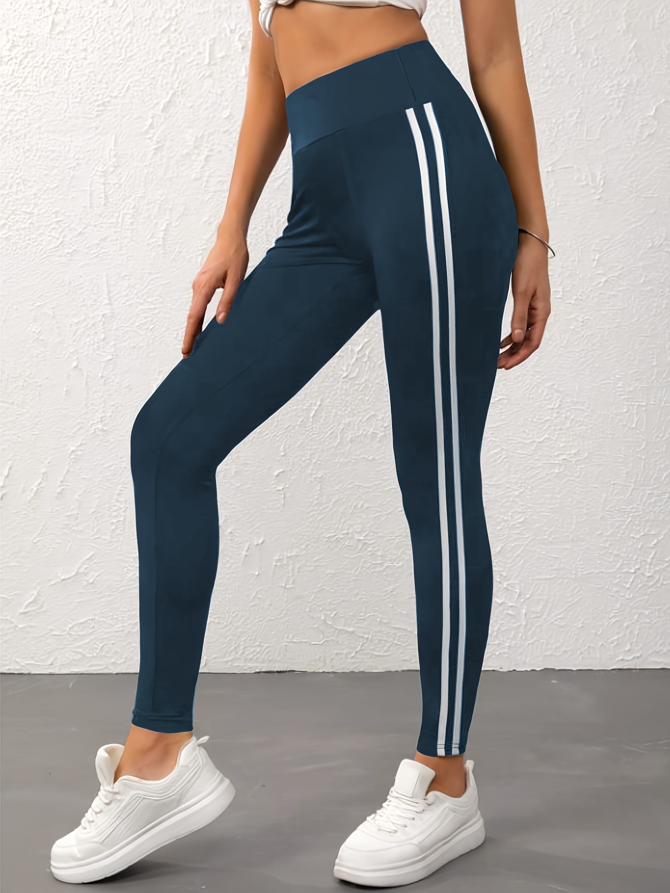 Side White Striped Yoga Pants Plain High Stretch Slim Fit - Temu
