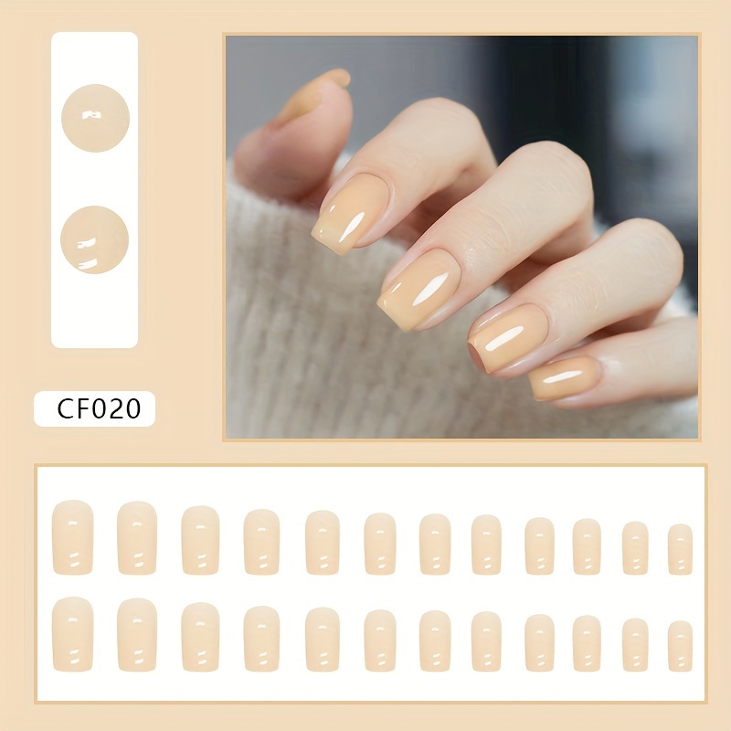 24pcs glossy medium square fake nails solid color press on nails fall winter nude yellow purple white false nails elegant nails for women girls details 1