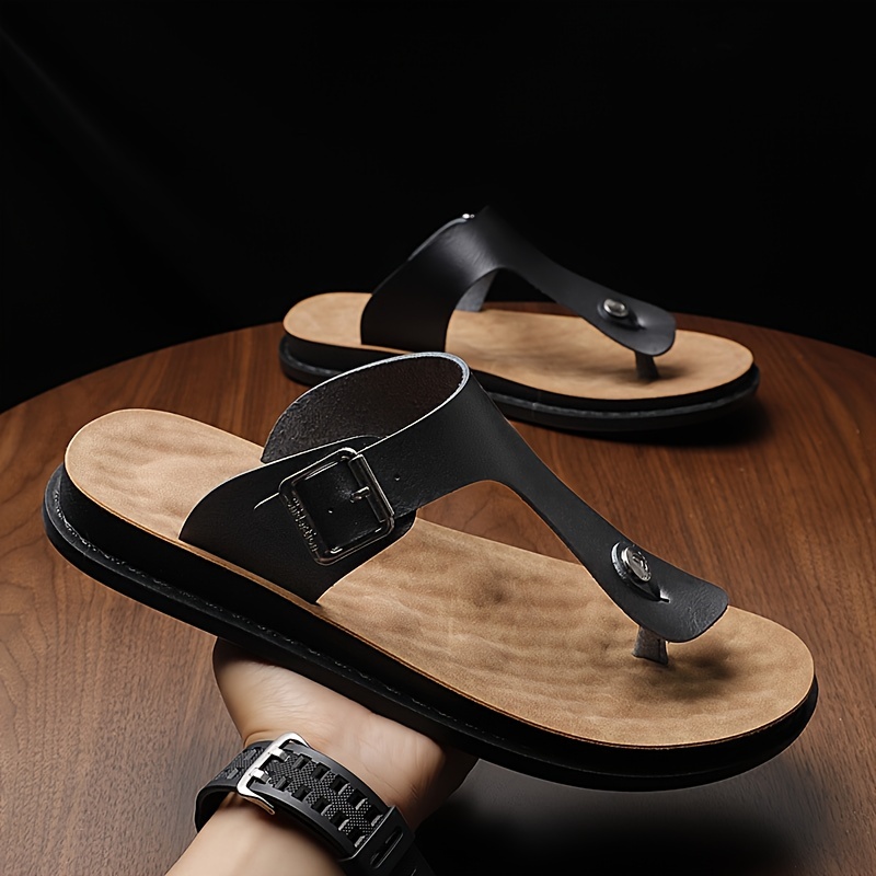 Men's Leather Flip Flops Lightweight Comfortable Non Slip Thong Sandals