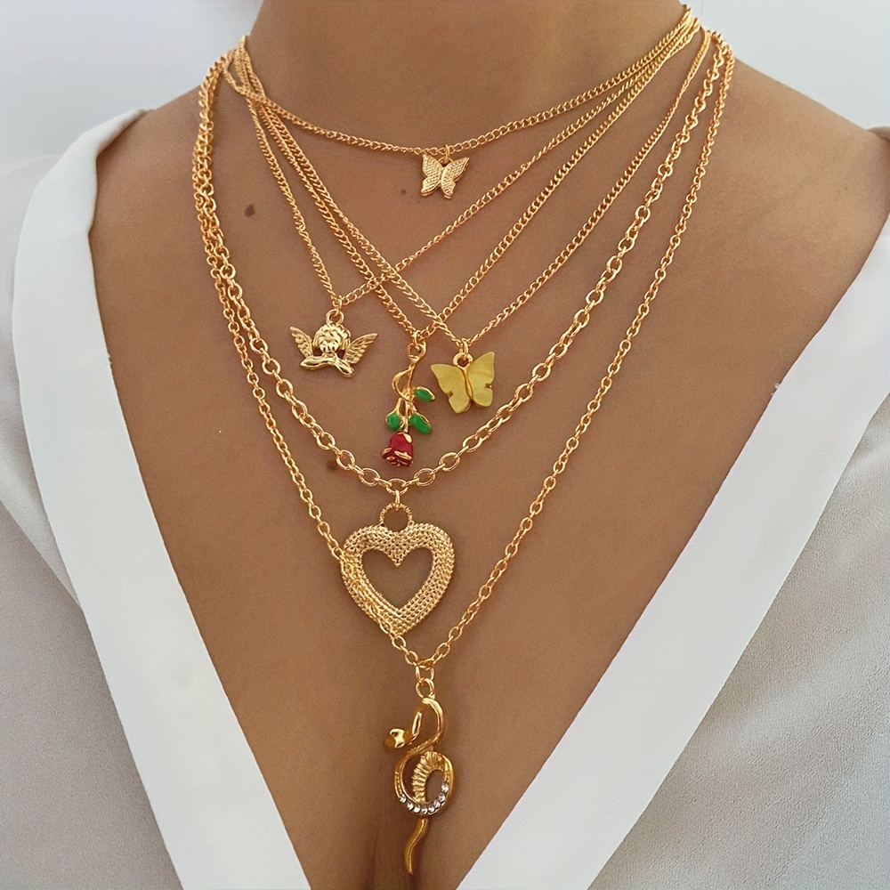 Punk Exaggerated Multilayer Chain Love Rose Butterfly - Temu