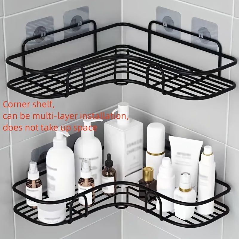 Space Aluminum Bathroom Shelf No Punching Shower Caddy Sheves Kitchen  Storage Basket Adhesive Suction Corner Shelves Shower