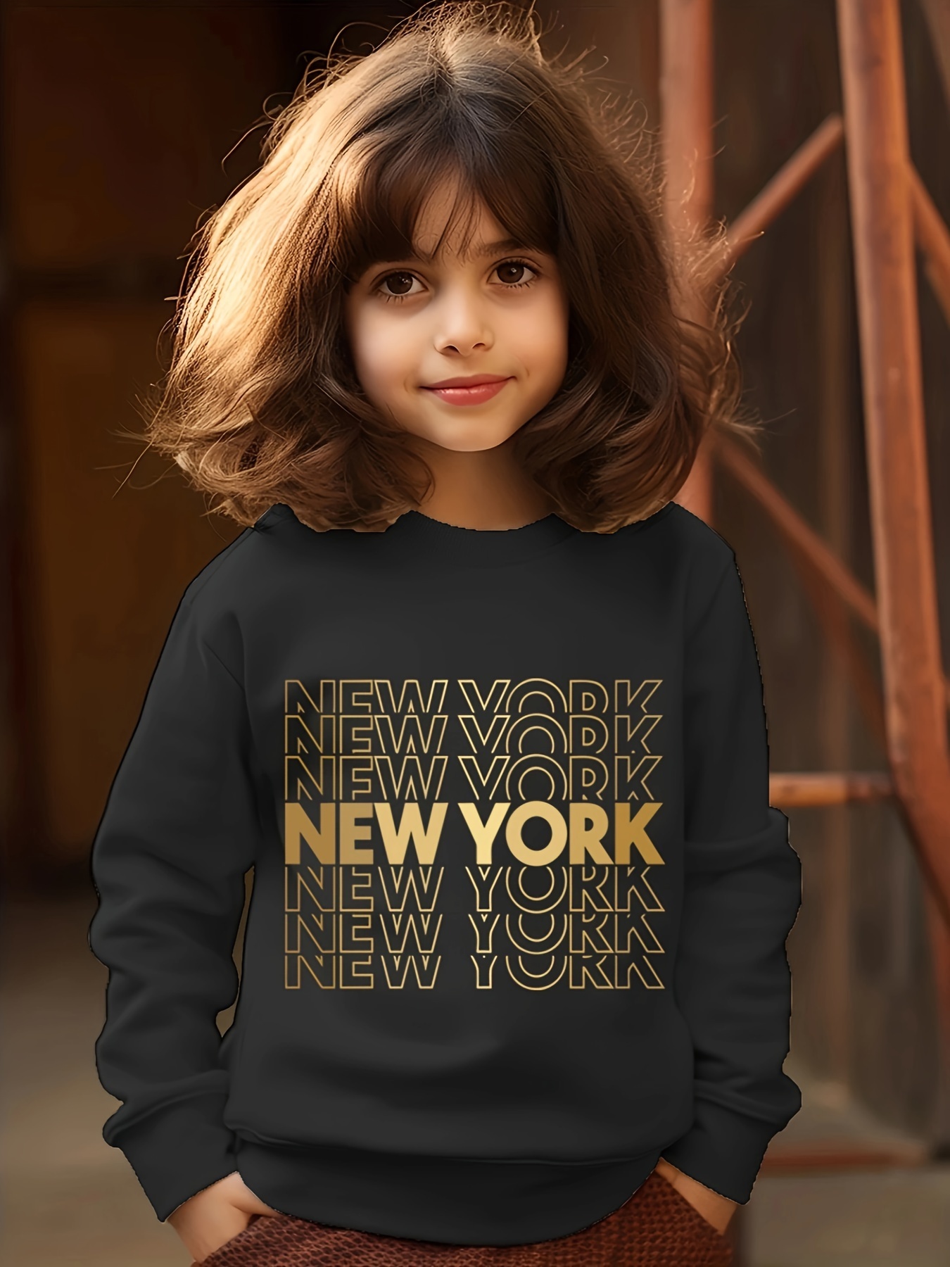 New York Letter Print Girls' Long Sleeve Pullover Sweatshirt - Temu