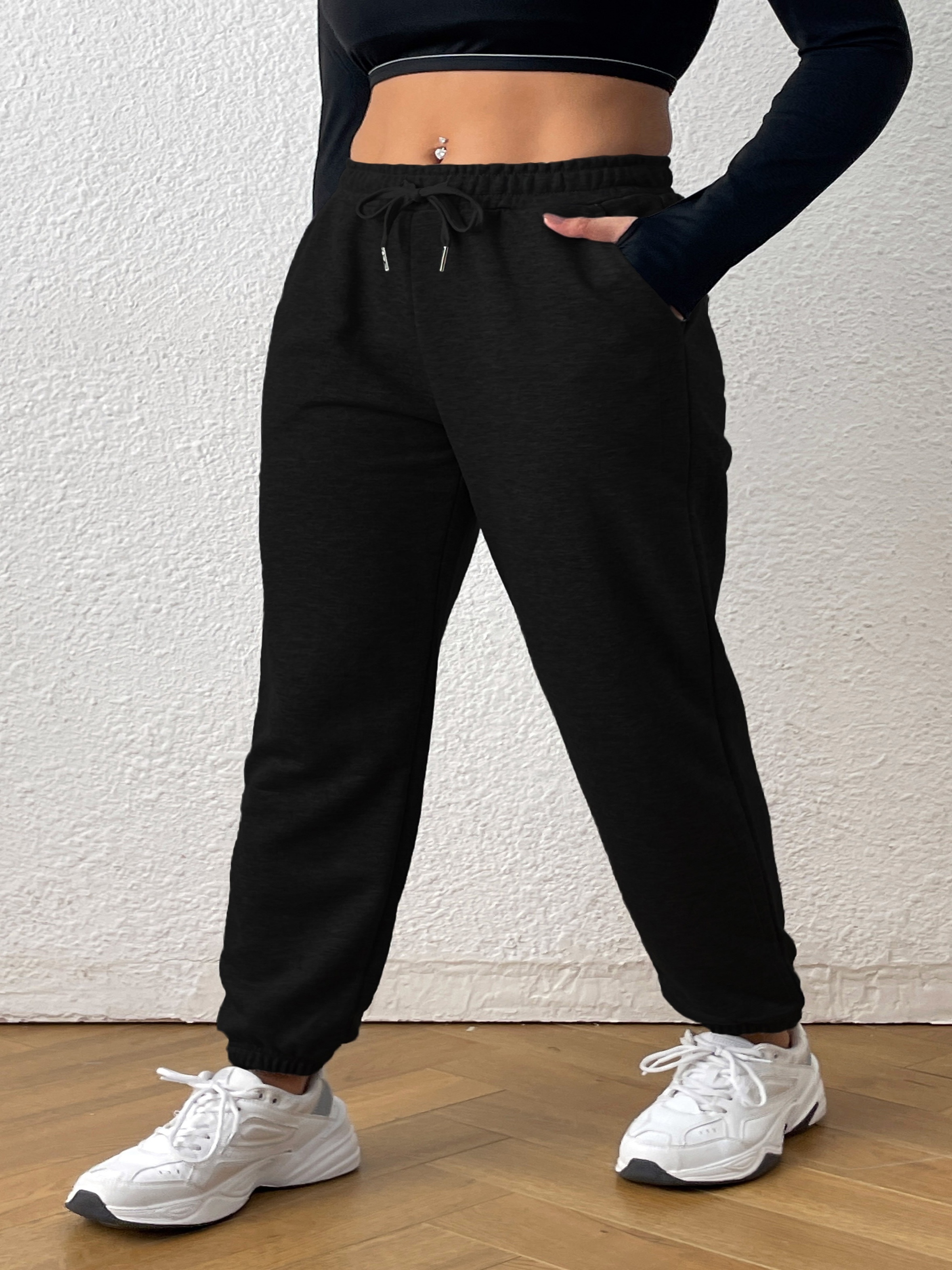 Plus Size Sports Pants, Women's Plus Solid Elastic Waist Slight Stretch Gym  Joggers With Pockets