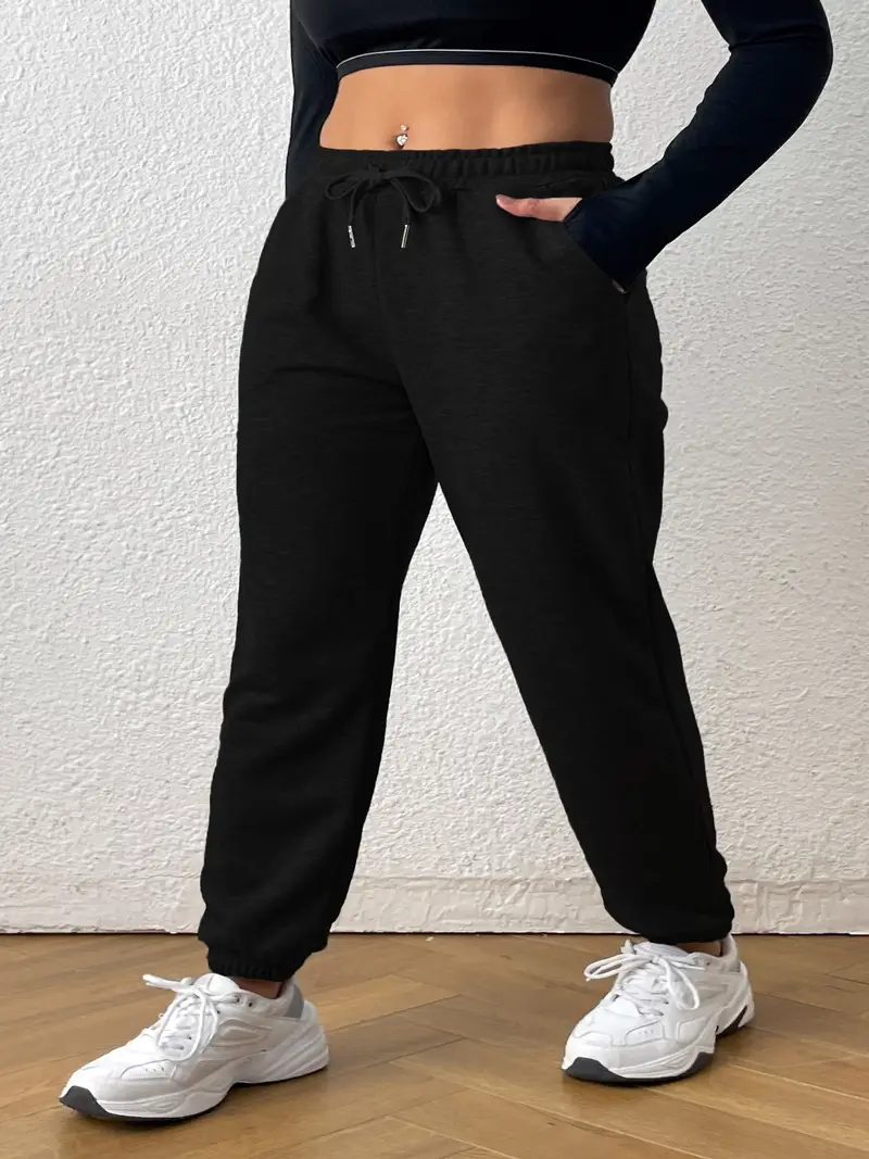 Plus Size Sports Pants Women's Plus Solid Elastic Waist - Temu