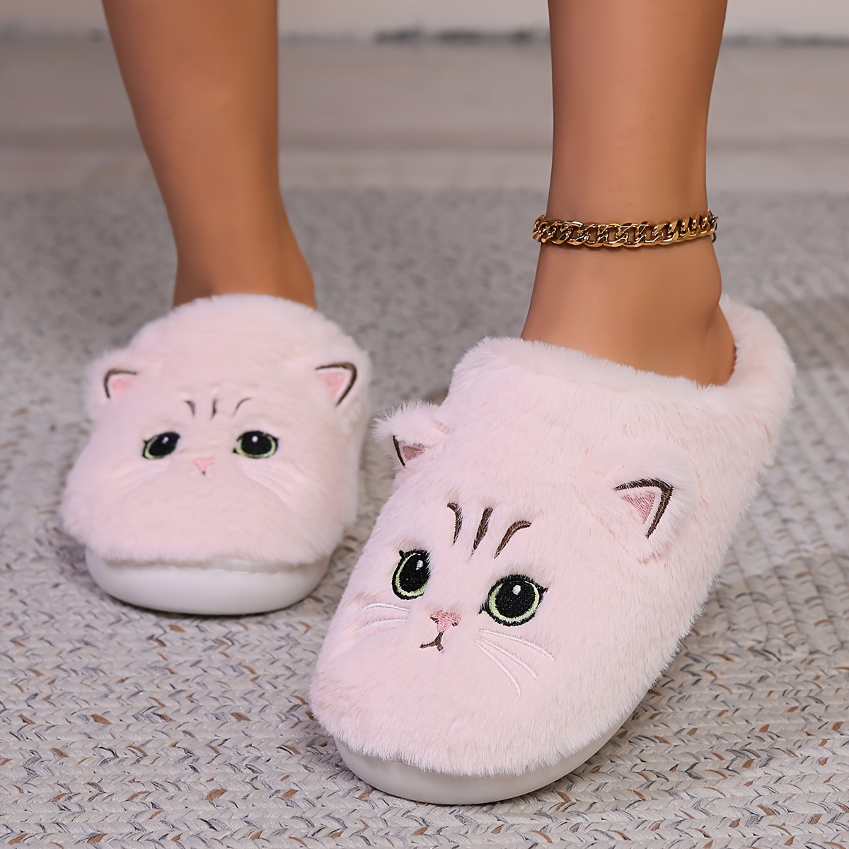 kawaii cartoon cat winter fuzzy slippers soft sole plush details 13