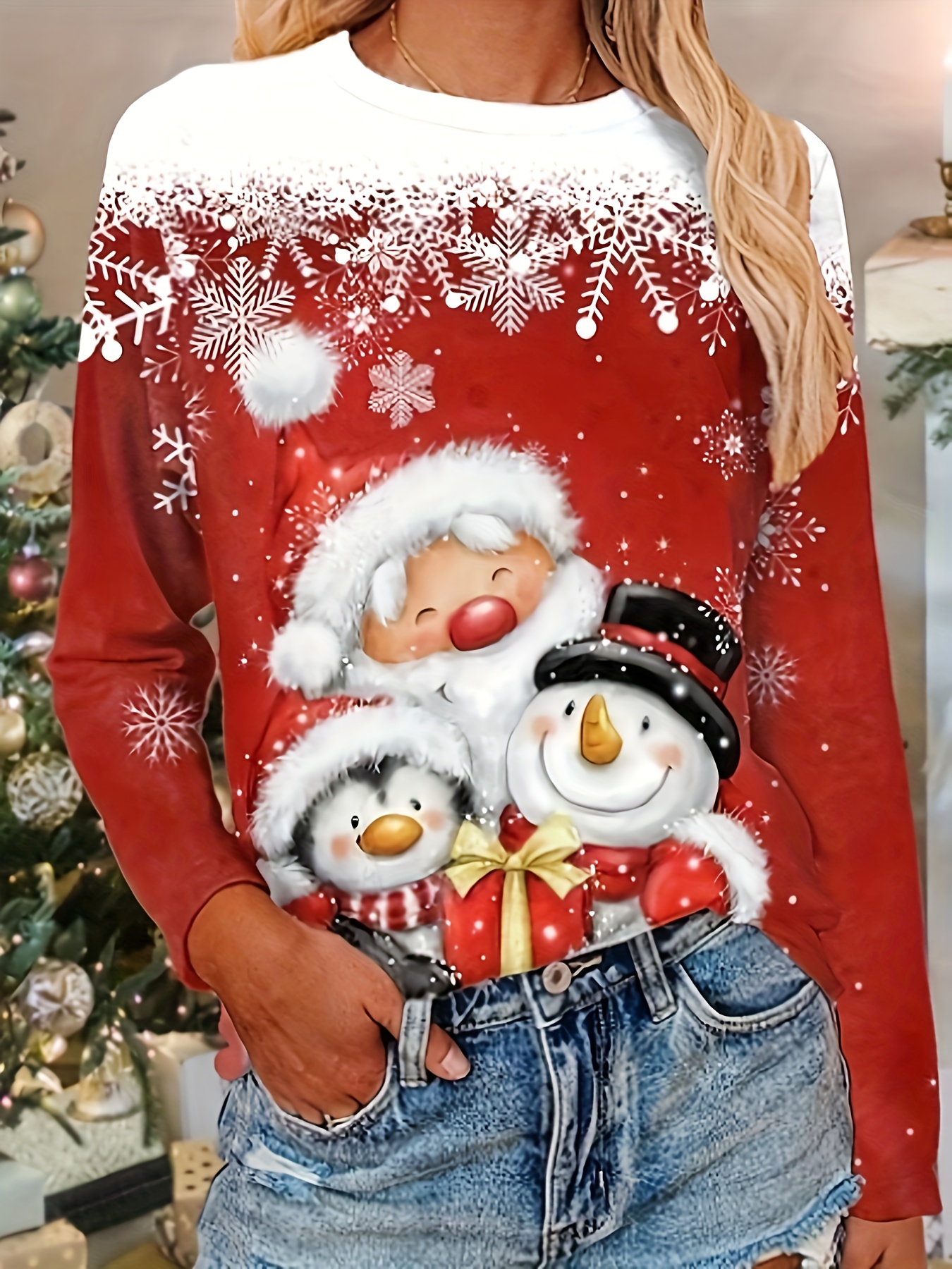Plus Size Christmas Casual Sweatshirt Women's Plus Snowman - Temu