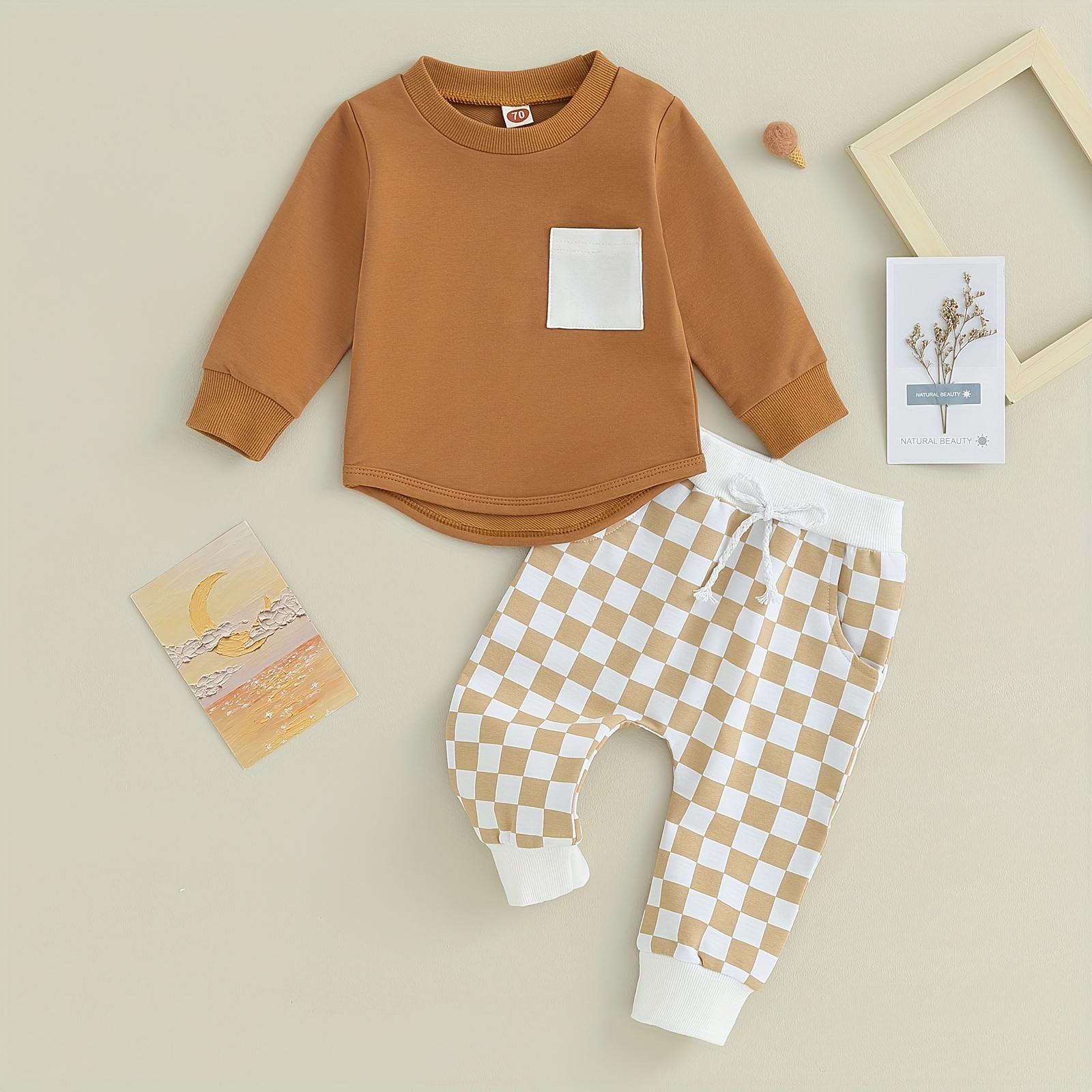 2pcs Baby Infant Boys Casual Checkerboard Long Sleeve Onesie Pants