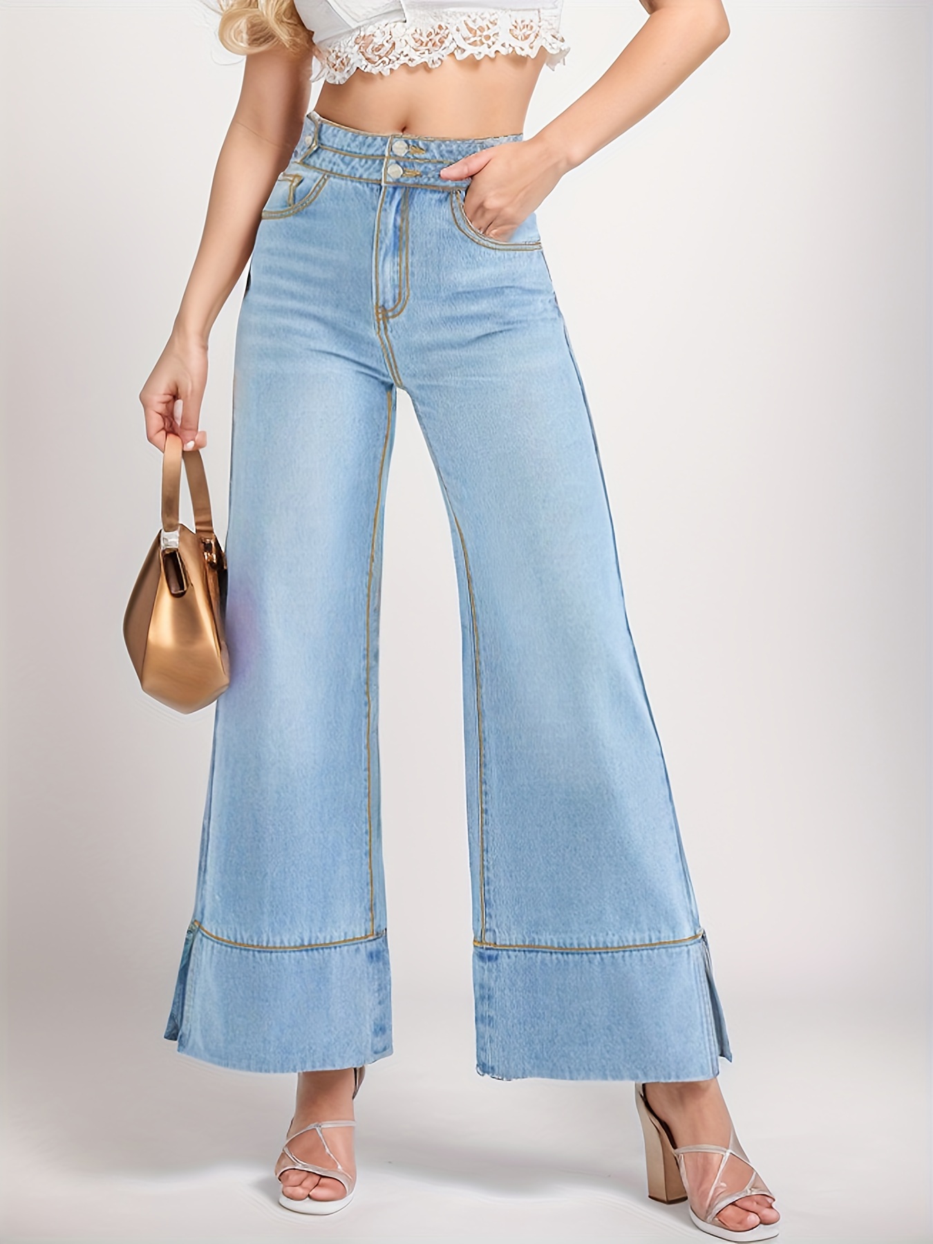 Women s High Waist Baggy Jeans Double Button High Stretch Wide Leg 