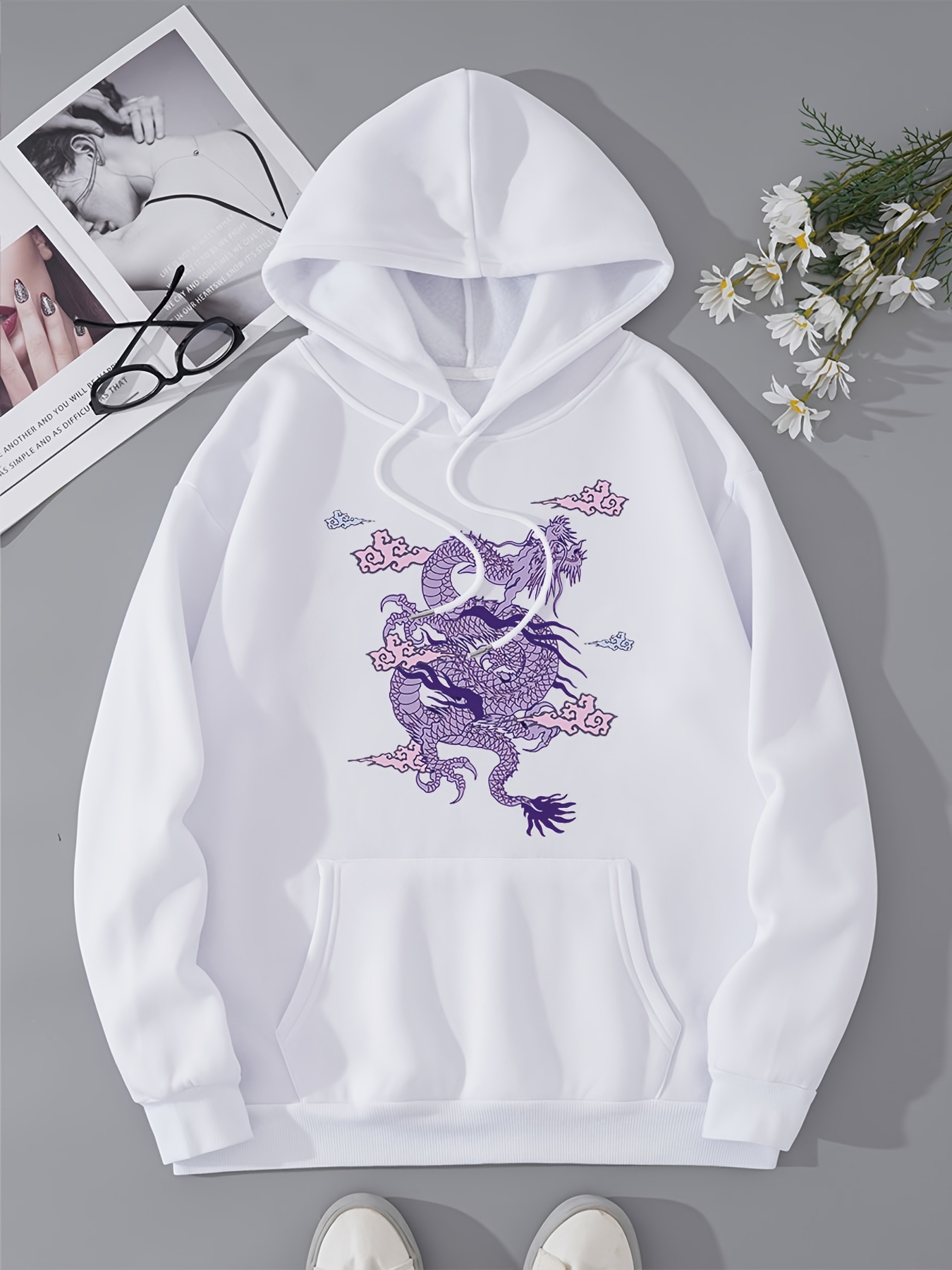 Dragon Print Two tone Hoodie Casual Long Sleeve Drawstring - Temu