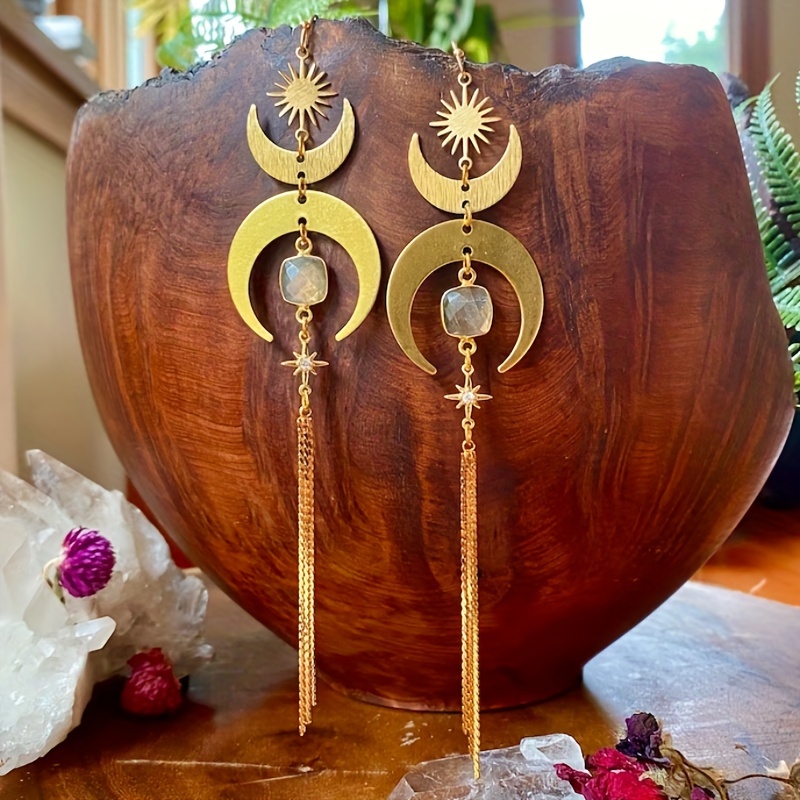 

Golden Moon Star Long Chain Design With Shiny Zircon Decor Dangle Earrings Retro Bohemian Style Alloy Jewelry Trendy Creative Female Gift For Eid, Ramadan
