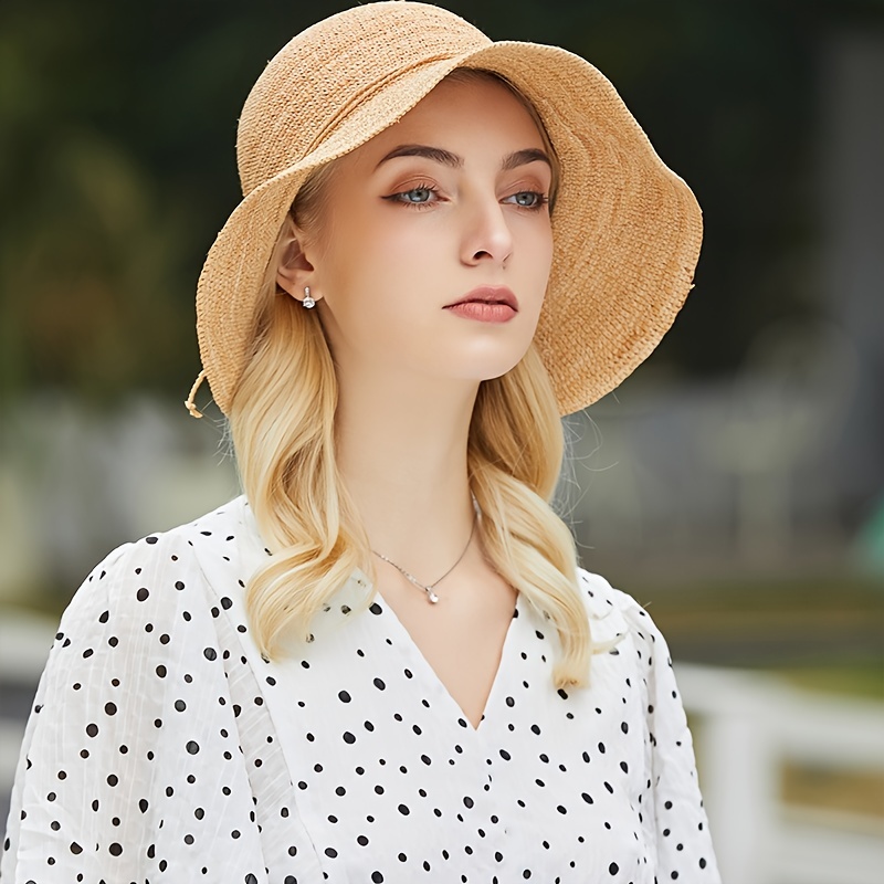 Women Fashion Straw Bow Soft Bucket Hat Summer Solid Beach Sun Hat  Fisherman Cap