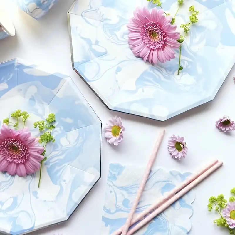 Disposable Paper Plates And Cups Decagonal Blue Smudged - Temu