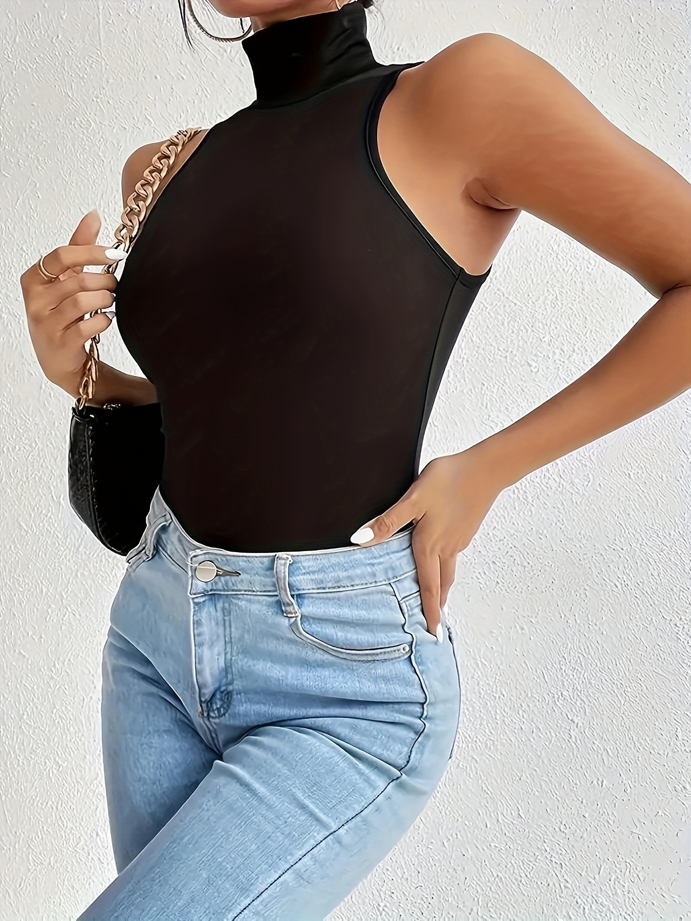 Solid High Neck Bodysuit, Casual Sleeveless One Piece Bodysuit, Women's Clothing