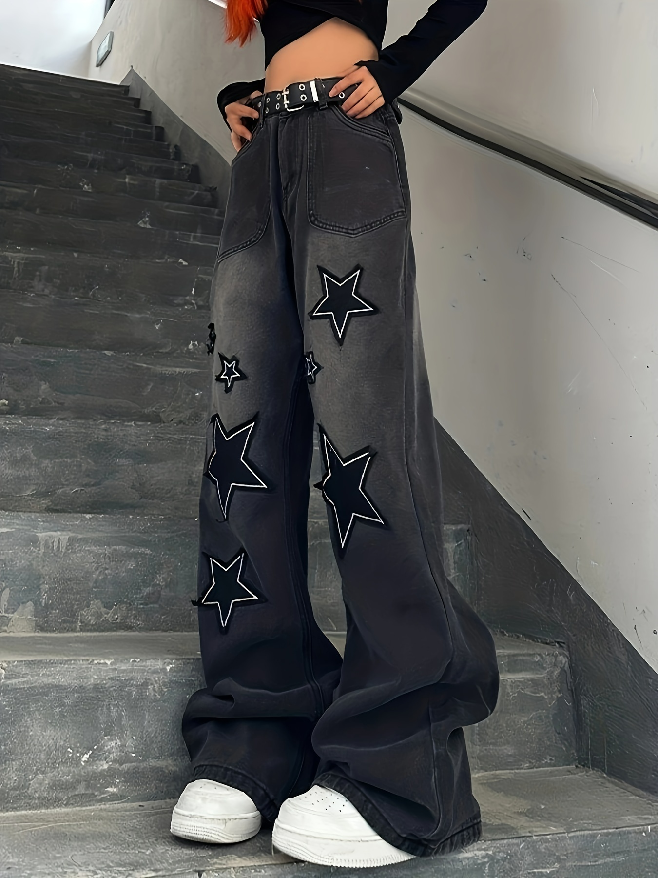 Jeans Sueltos Parche Estrella Pantalones Mezclilla Oscura - Temu Mexico