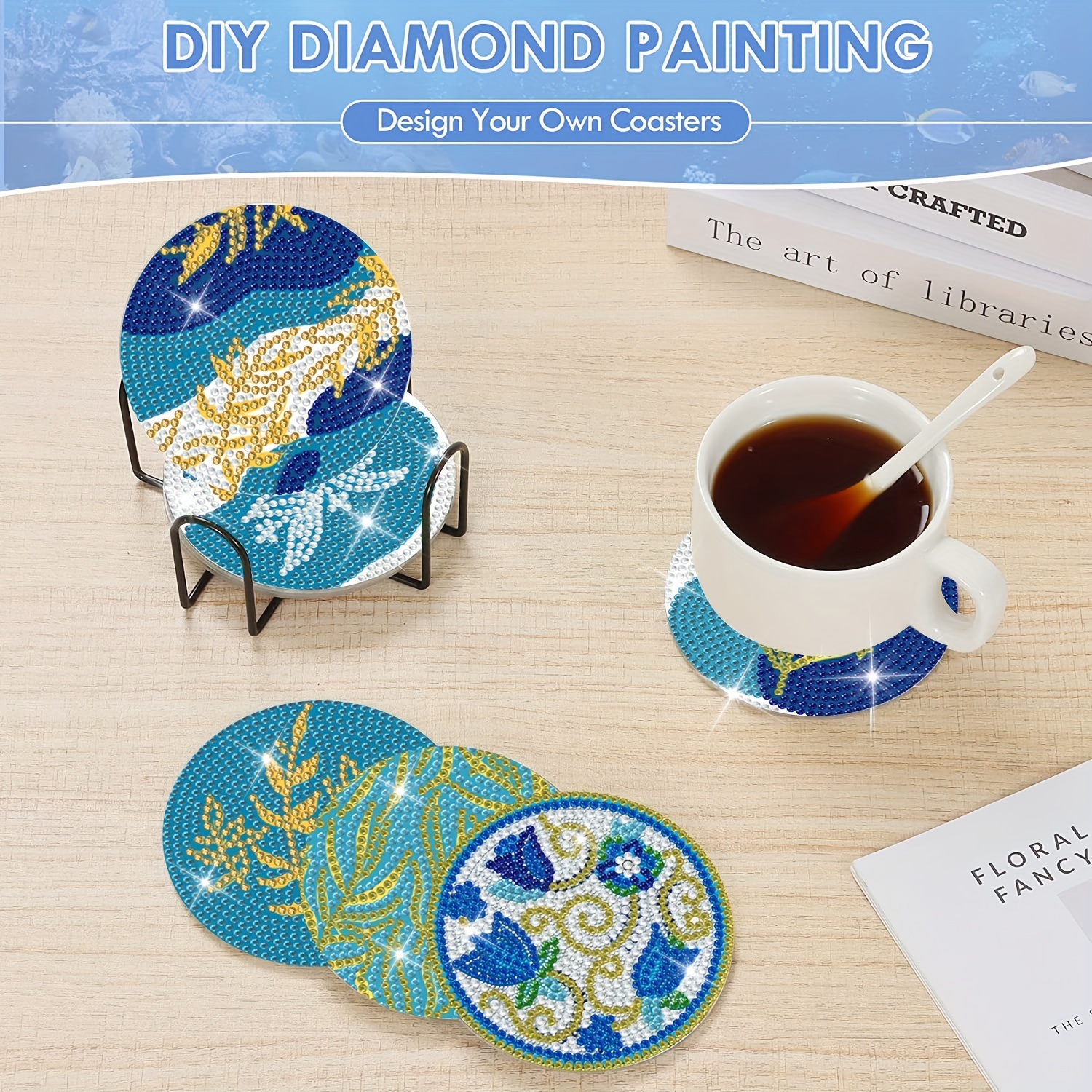 Fancy Diamond Painting Coasters Kit, 8 Pcs Mandala Diamond