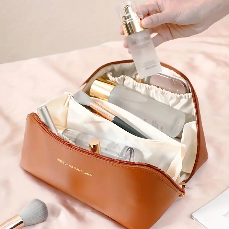 waterproof zipper makeup storage bag portable handle durable cosmetic bag large capacity solid color toiletry bag details 0