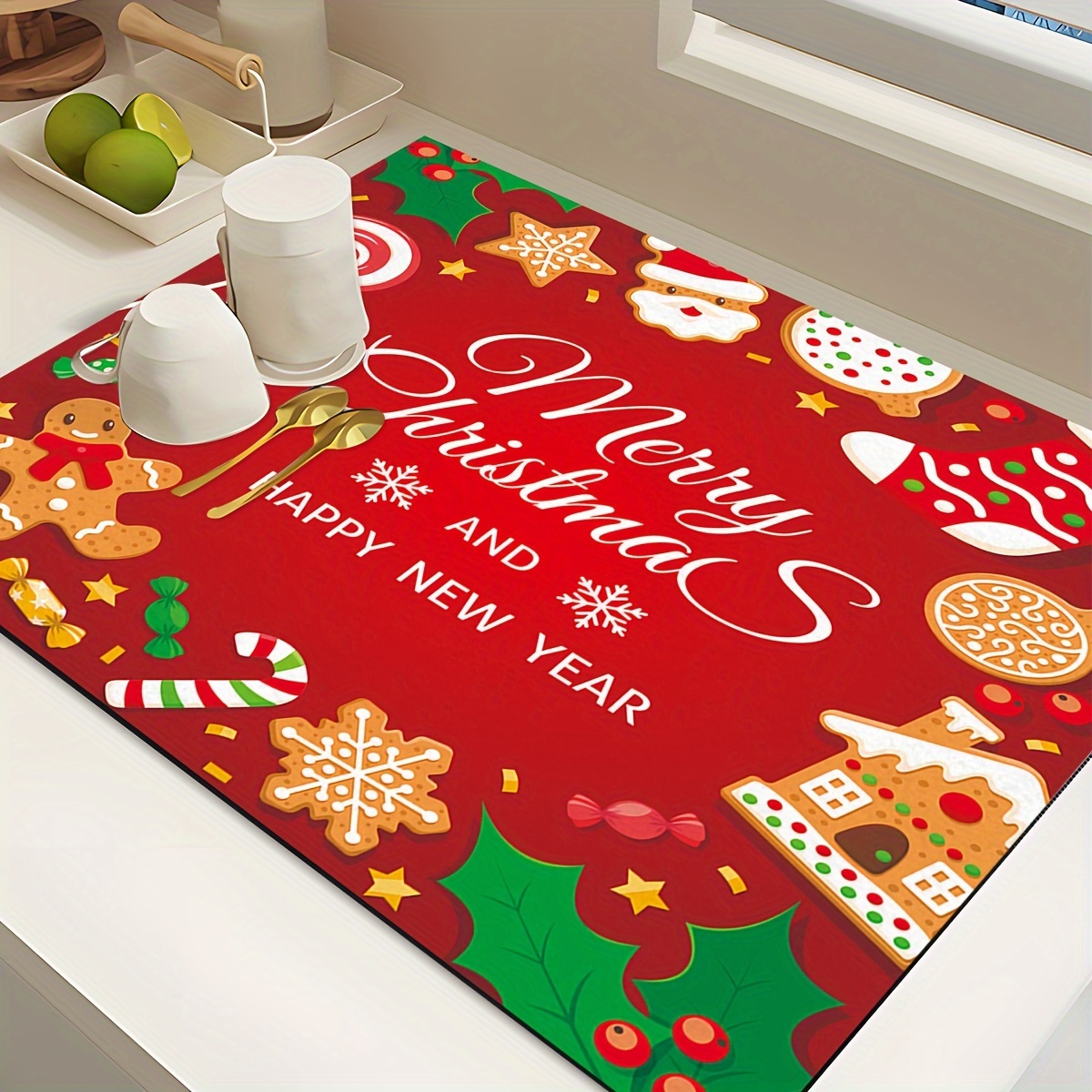  Christmas Drying Mat for Kitchen Counter Red Small