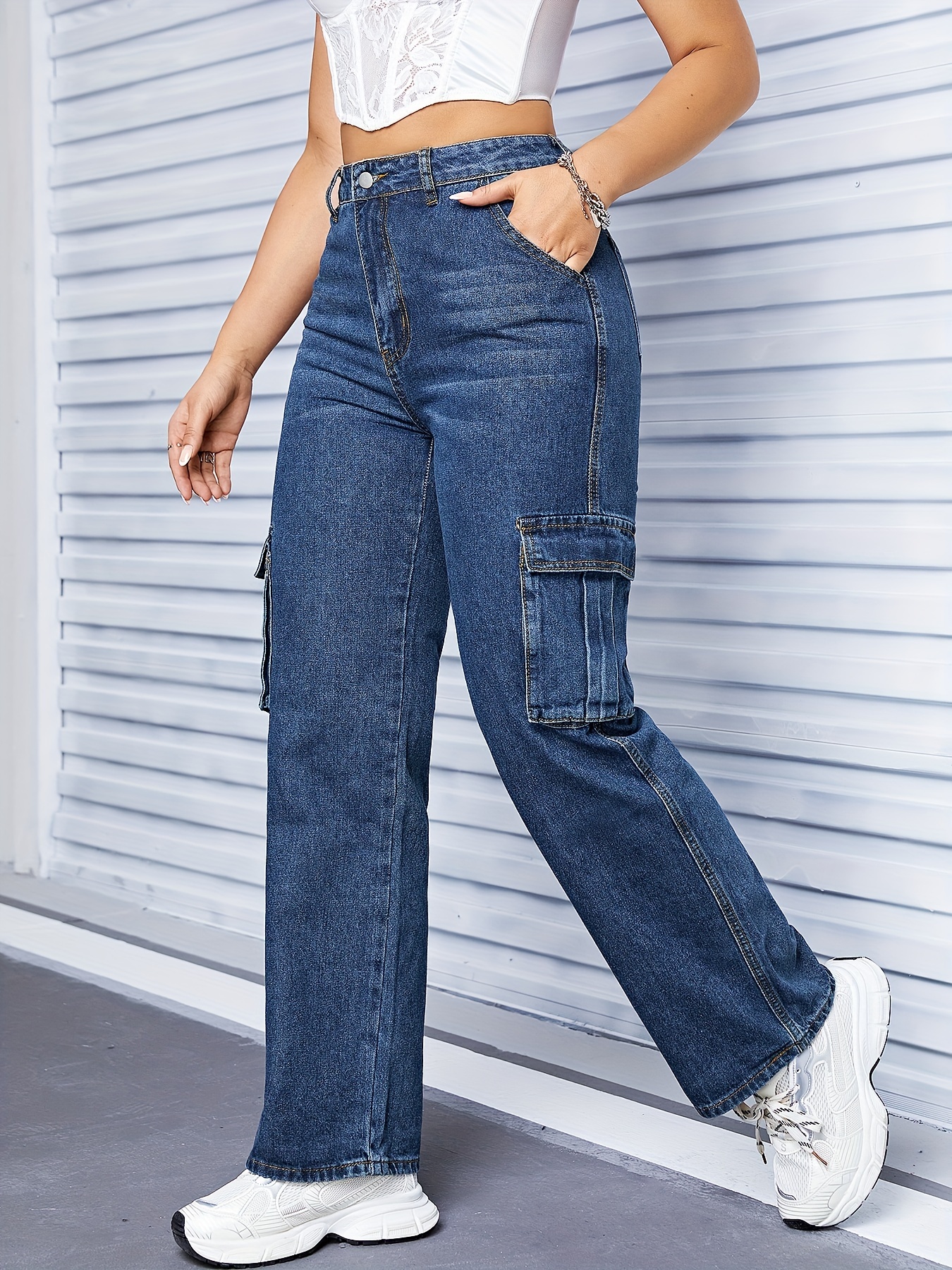 Blue Flap Pockets Cargo Pants, High Waist Straight Legs Slight-Stretch  Denim Pants, Y2K & Kpop Style, Women's Denim Jeans & Clothing