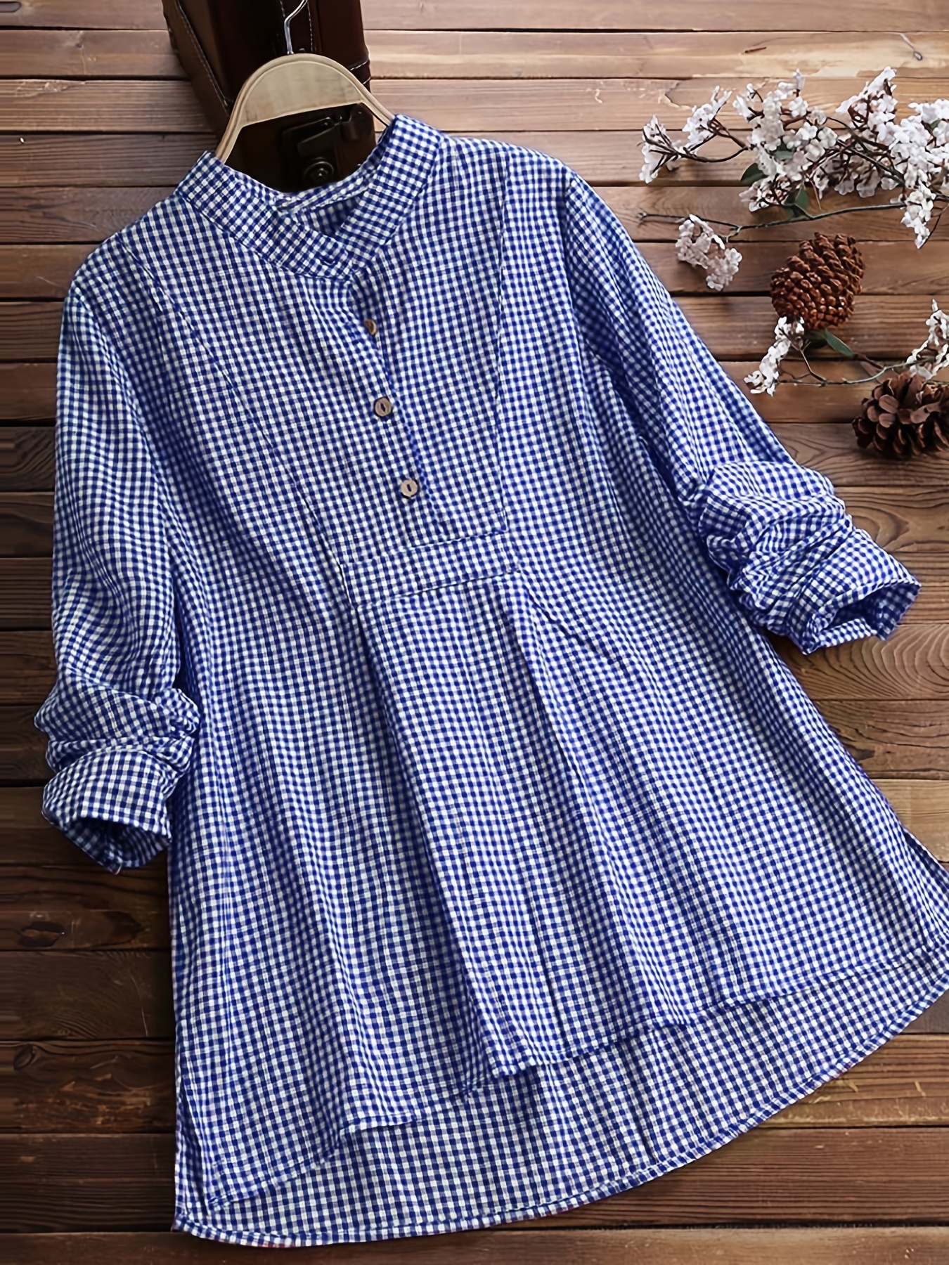 Plus Size Button Front Gingham Pattern Casual Blouse Women's - Temu