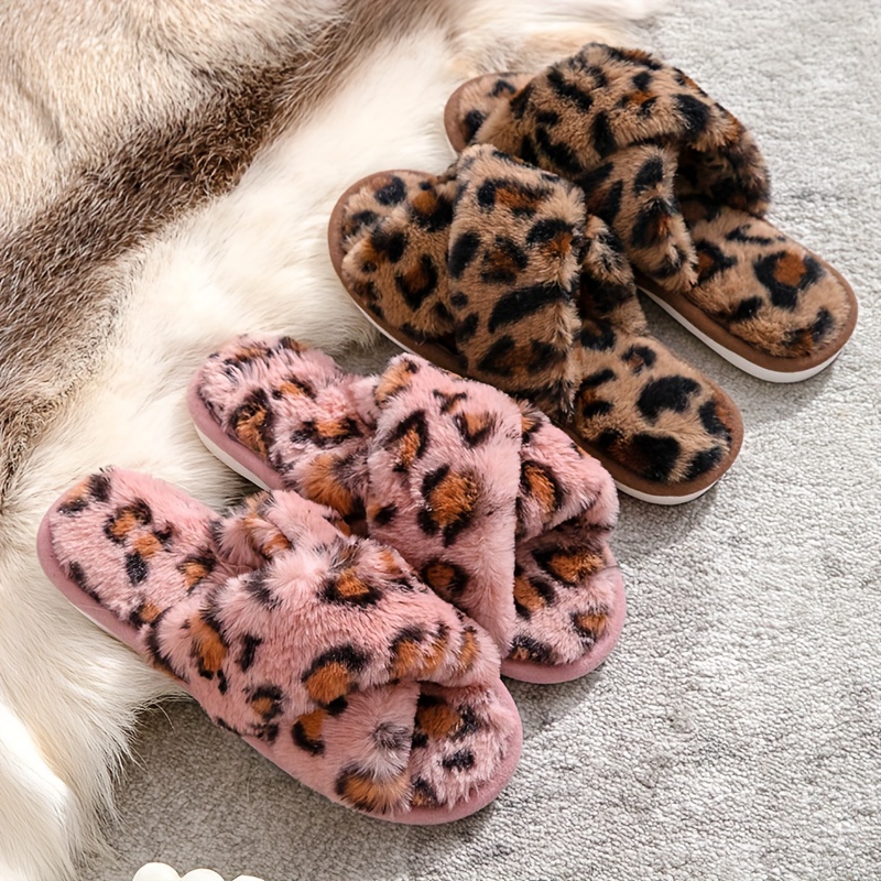 Leopard Pattern Plush Slippers Crisscross Band Open Toe Slip Temu