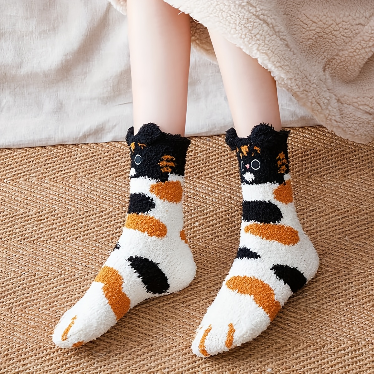 A Pair Girl's Cat Paw Pattern Embroidered Crew Socks Comfy - Temu