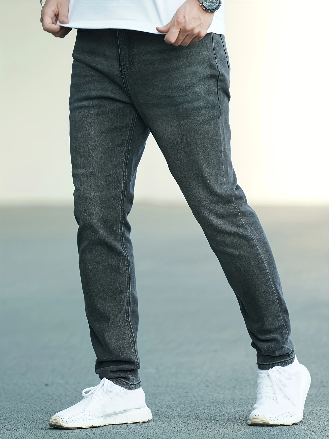Chic Slim Fit Jeans Men's Casual Street Style Medium Stretch - Temu