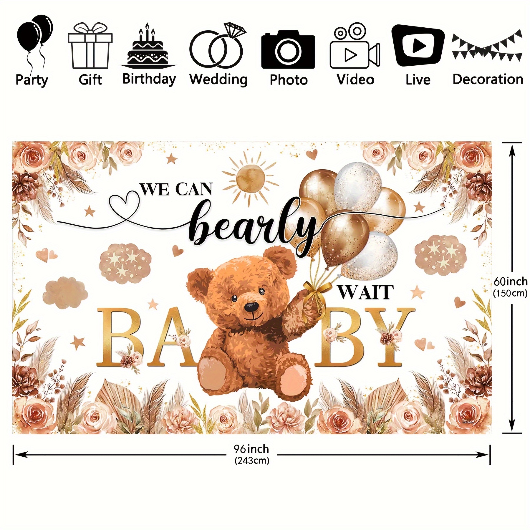 1pc 72x43inch/96x60inch, We Can Bearly Wait Polyester Photography Backdrop,  Bear Baby Shower Lovely Balloons Background, Boys Girls Newborn Party Deco