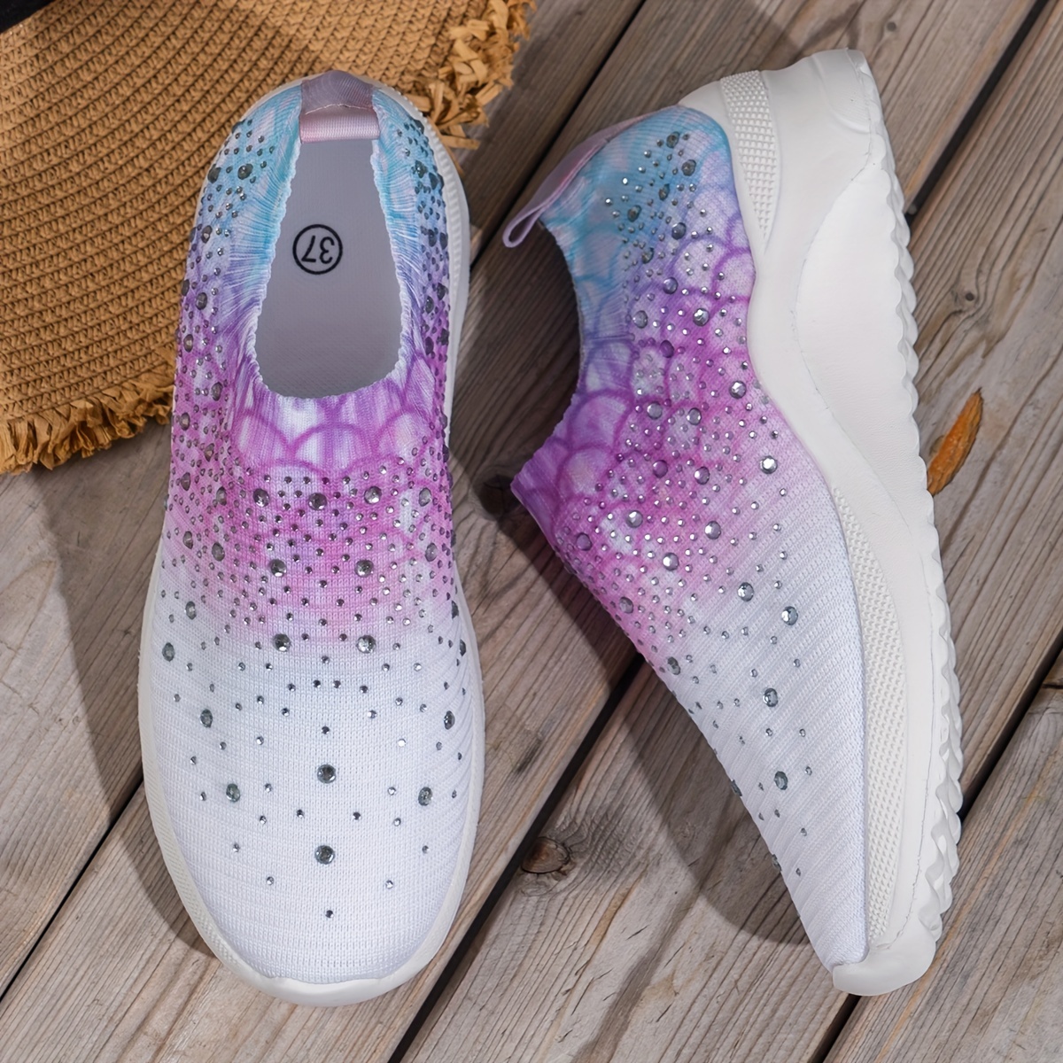 Women's Rhinestone Platform Sneakers Casual Slip-On Shoes