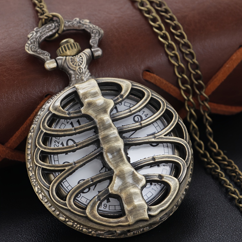 Black Quartz Pocket Chain Watch with Skull in Gothic Style