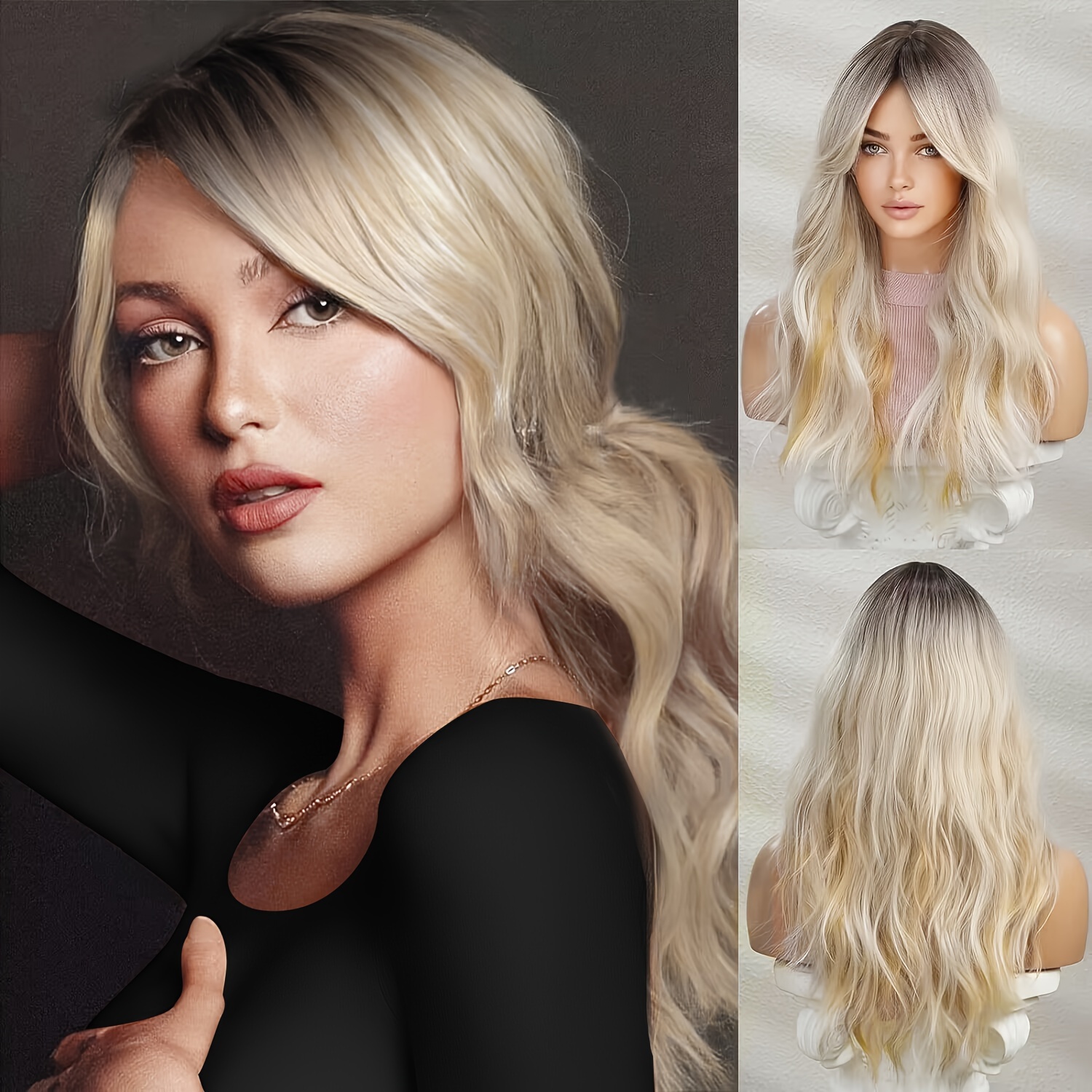 Wavy Blonde 24 Inch Wig With Bangs Ombre Curtain Bang Wigs For Women Long Wave Ash Blond Dark Roots Hair Synthetic Heat Resistant Natural Cute Wig For Halloween Christmas Cosplay Costume Party