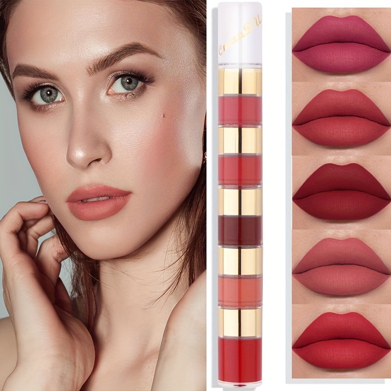 

5 In 1 Lipstick 5 Colors Matte Waterproof Velvet Long Lasting Easy To Color Pigmented Lip Makeup Lip Gloss Soft And Hydrated Lips Valentine's Day Gifts