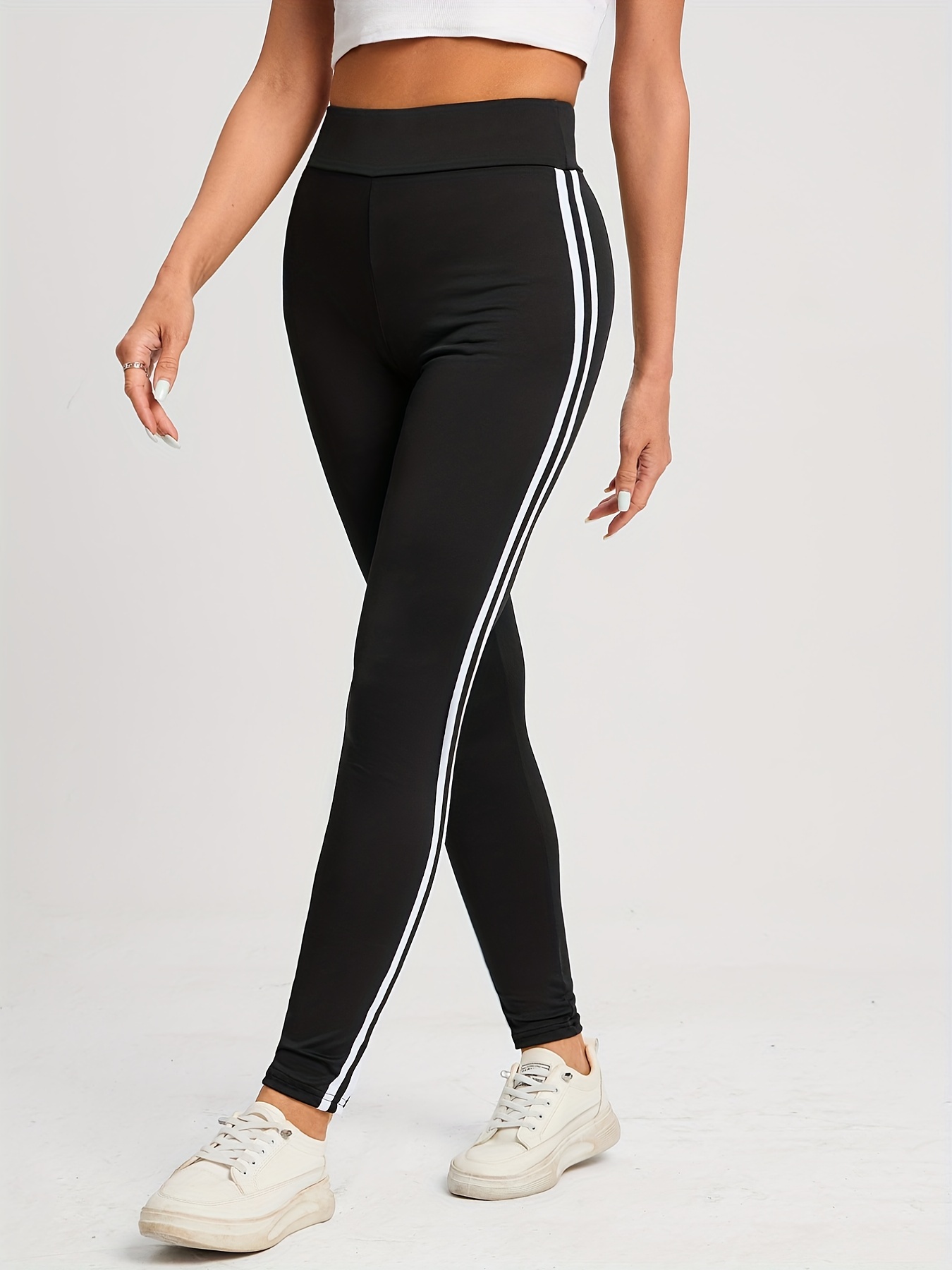 Adidas Women Leggings High waist Small Black white Stripe Active