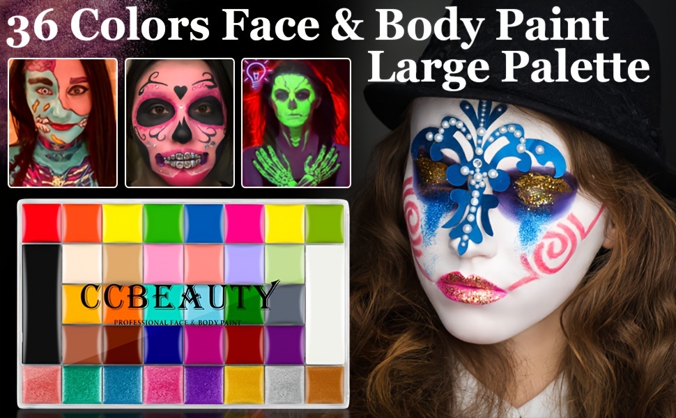 CCbeauty Professional 36 Colors Face Body Paint, Large Cream Painting  Palette Kit (8 Metallic + 6 UV Glow + 22 Matte Colors), Safe FacePaint for