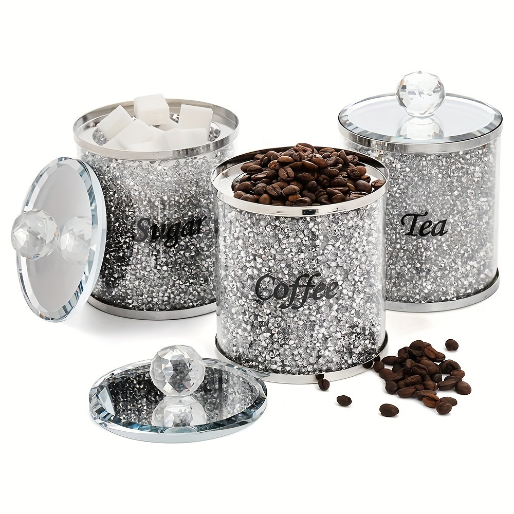 

3pcs Of 1 Set, Coffee Containers, Shiny Glass Diamond Jars, Suitable For Sugar, Coffee, Tea, Luxurious Diamond-style Storage Container Set, With Lid Decorative Storage Basin, Kitchen Supplies