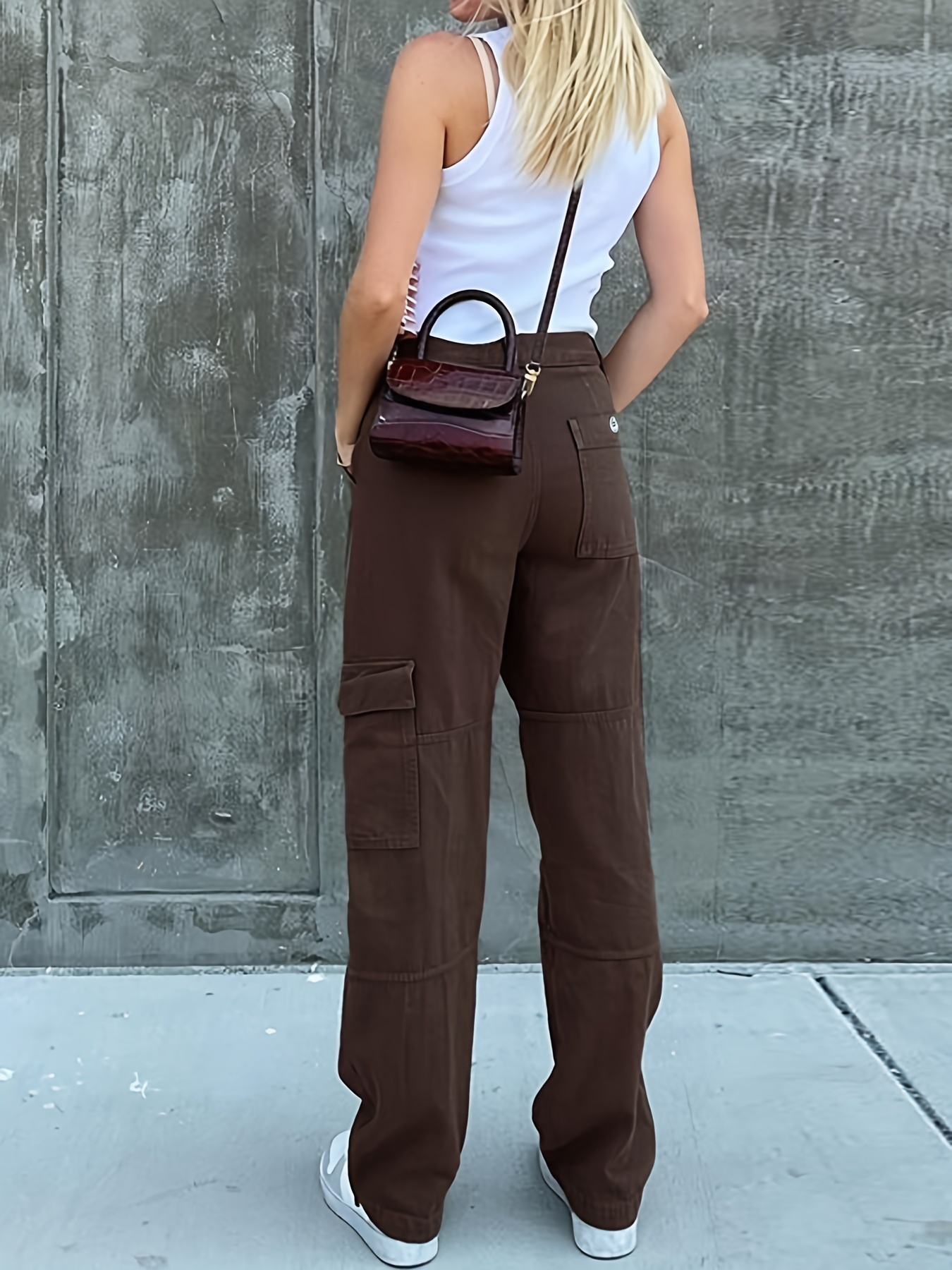 Solid Slim Long Length Corset Leg Pockets Back Button Pants - Temu