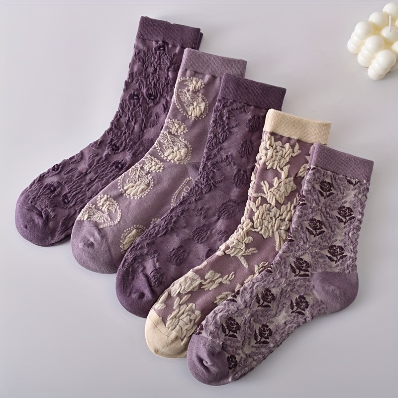 

5 Pairs 3d Floral Textured Socks, Retro Ethnic Style All-match Mid Tube Socks, Women's Stockings & Hosiery
