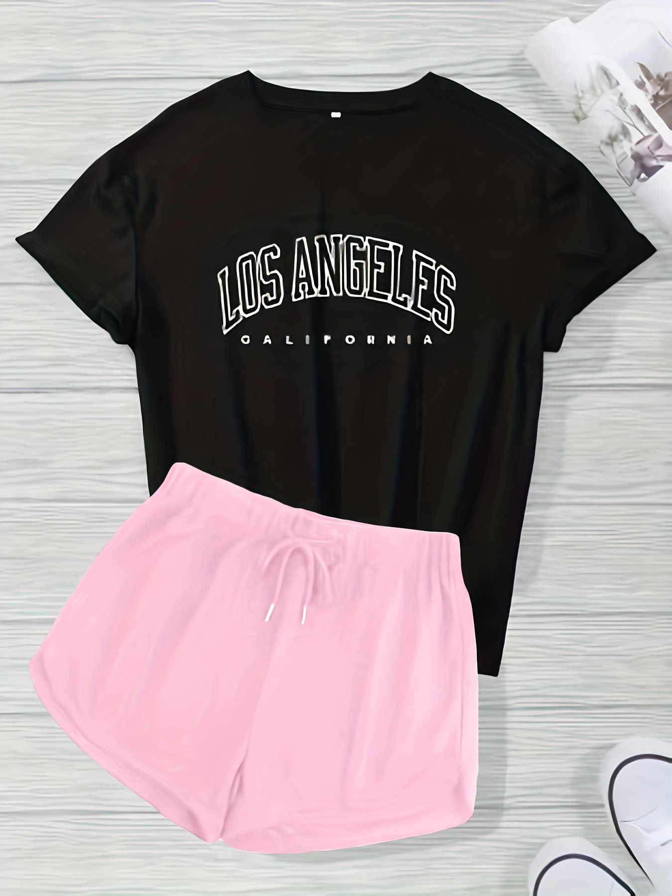 Letter Print Short Sleeve T shirt & Drawstring Waist Shorts Set