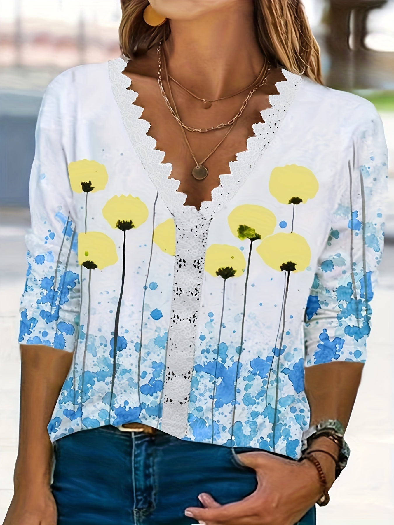 Women's Casual Top Lace Half Sleeve V-Neck Floral Print