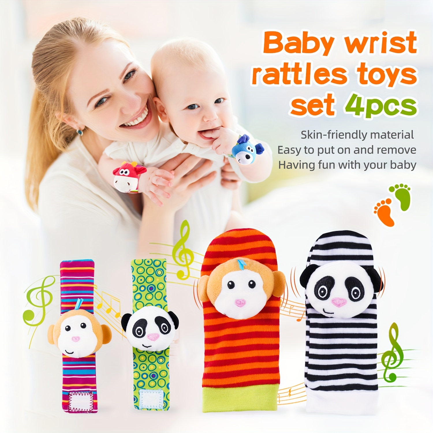 Sonajeros de muñeca, sonajero de juguete para bebés de 3 a 6 meses,  calcetines para pies y piernas, tobillos, brazo y mano, agitador para bebés  de 6 a