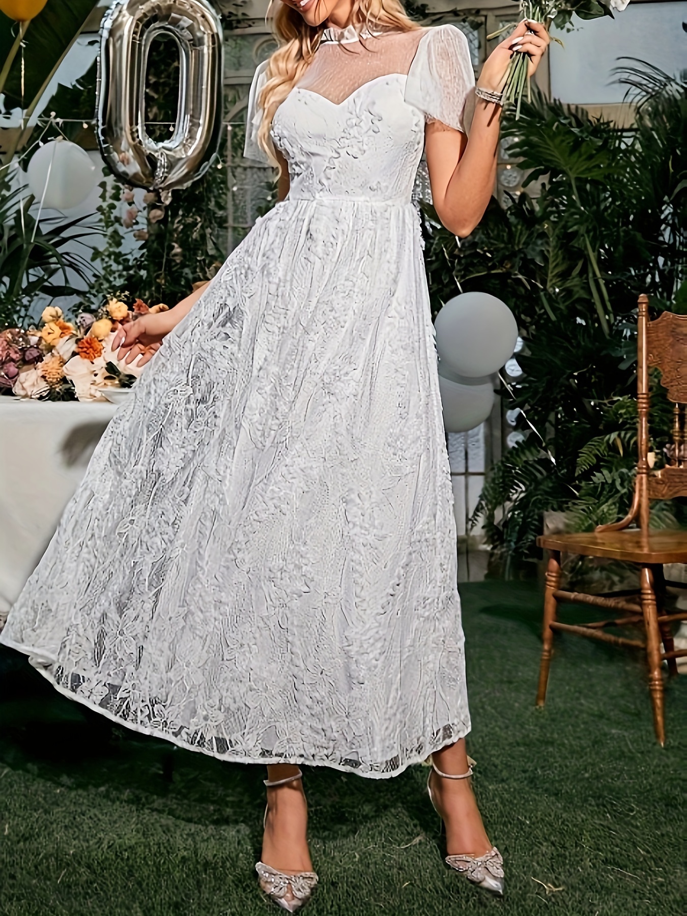 Elegant Lace Solid Dress Short Sleeve Ankle Dress Party - Temu